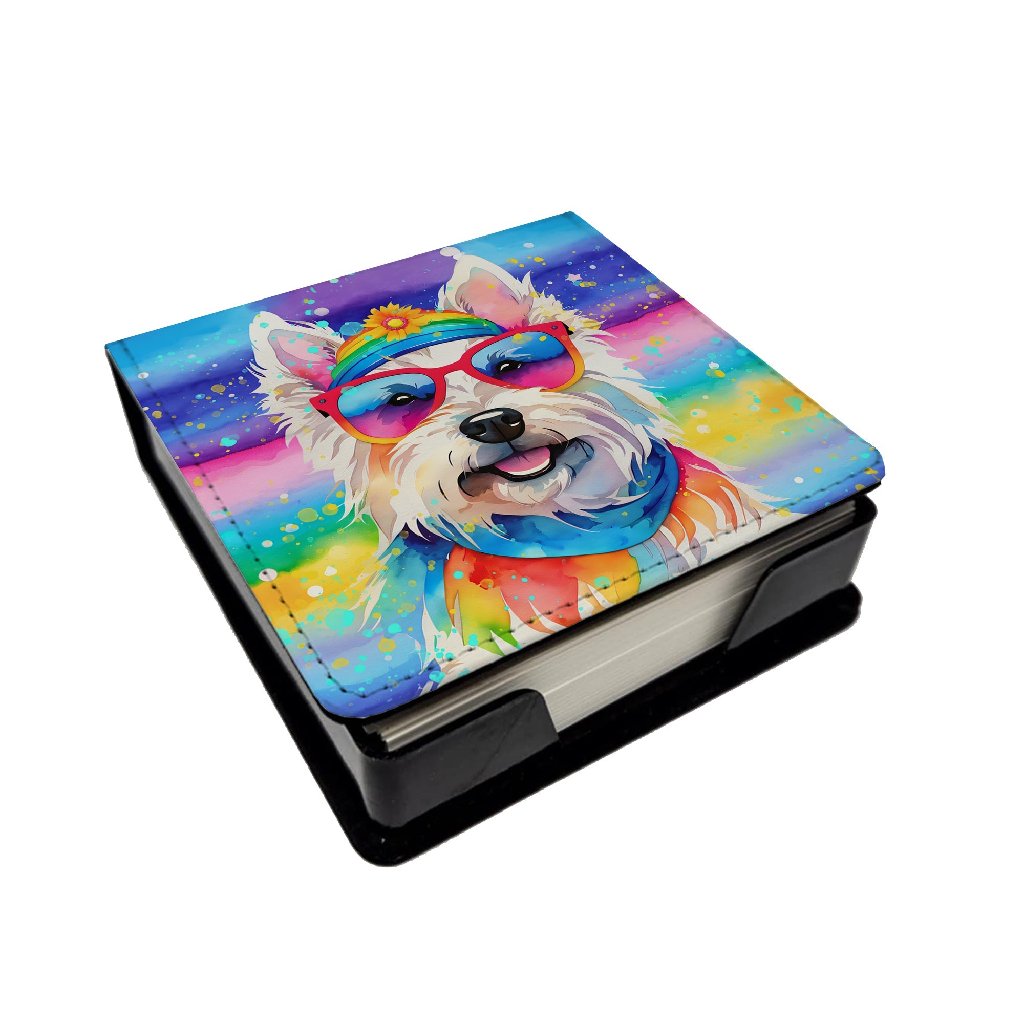 Westie Hippie Dawg PU Leather Note Paper Holder with Artist-Designed Cover, Desk Accessory, Office Gift