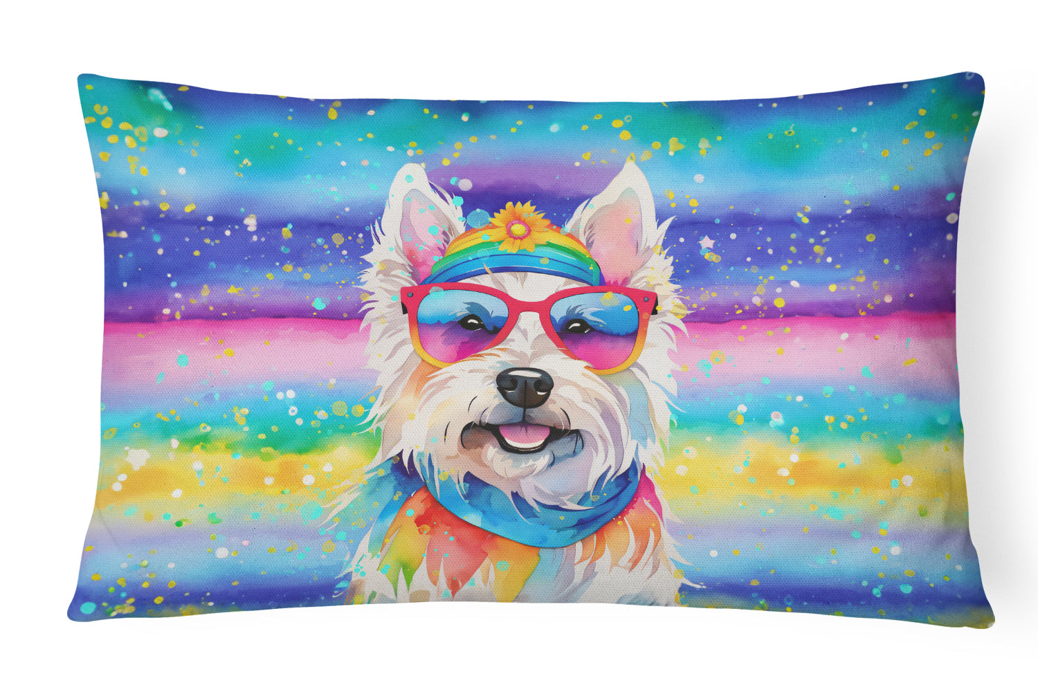 Westie Hippie Dawg Decorative Throw Pillow 12x16 Indoor Outdoor Accent Cushion, Fabric Cover with Insert for Sofa, Bed, Porch & Living Room