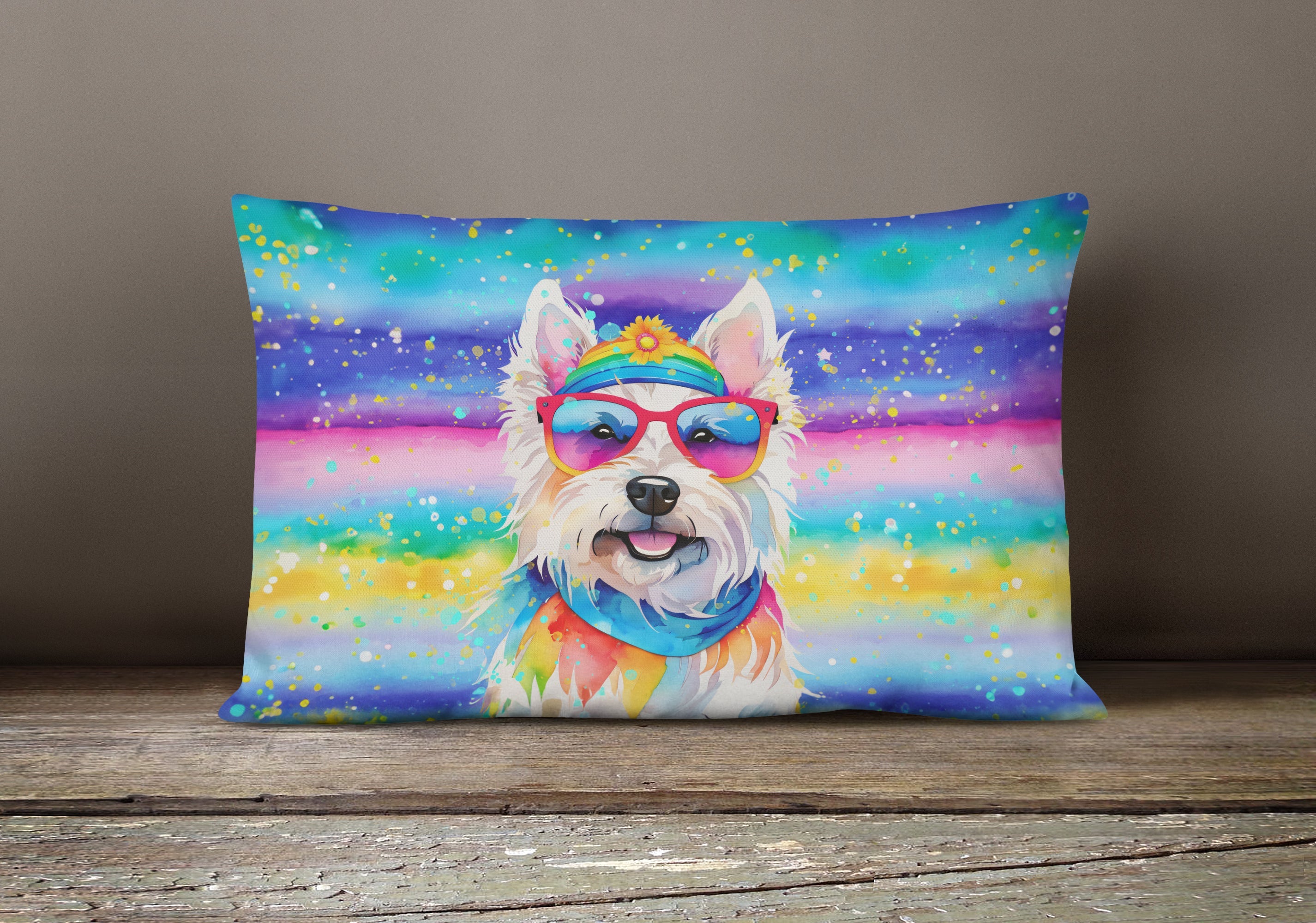 Westie Hippie Dawg Decorative Throw Pillow 12x16 Indoor Outdoor Accent Cushion, Fabric Cover with Insert for Sofa, Bed, Porch & Living Room