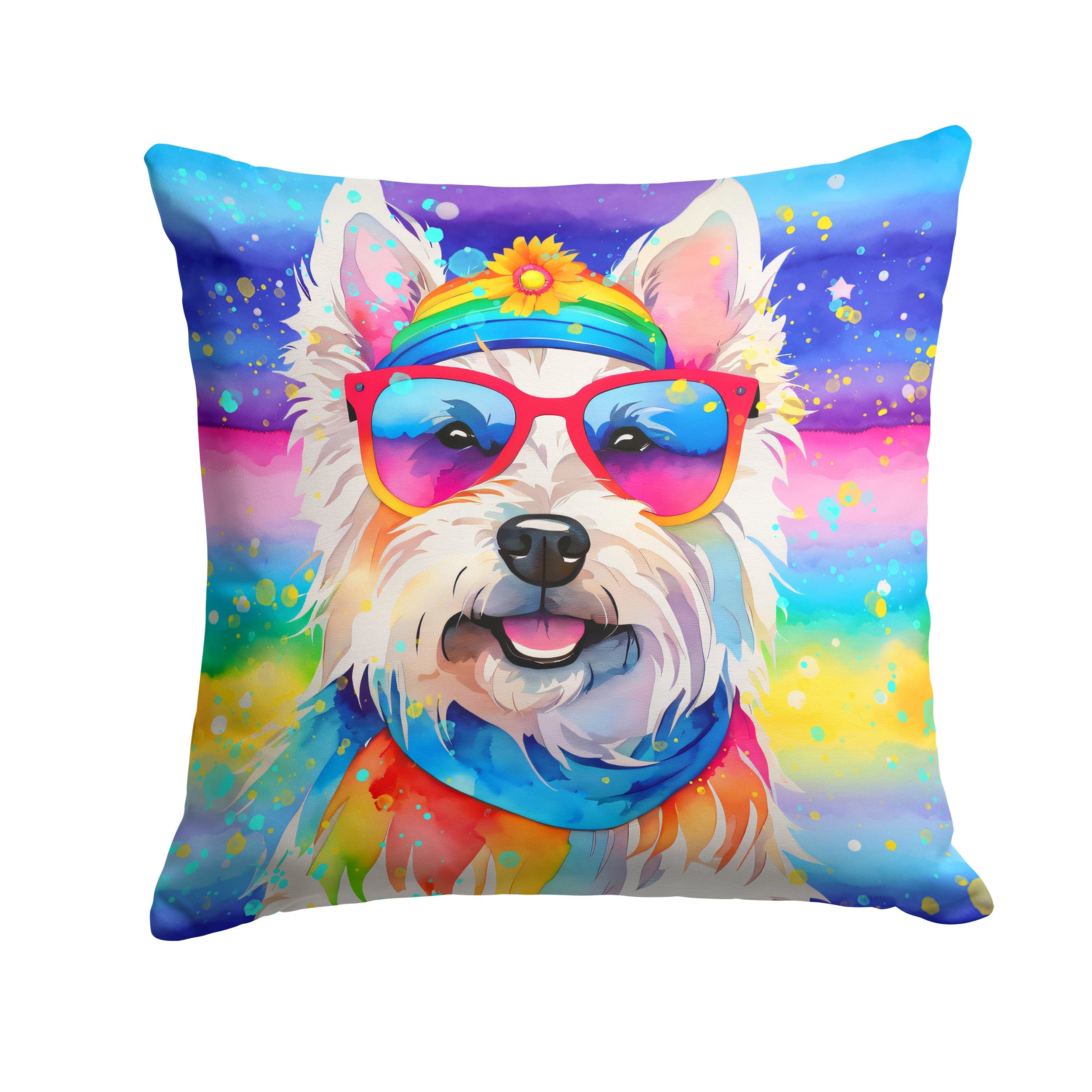 Westie Hippie Dawg Decorative Throw Pillow 14x14 Indoor Outdoor Accent Cushion, Fabric Cover with Insert for Sofa, Bed, Porch & Living Room