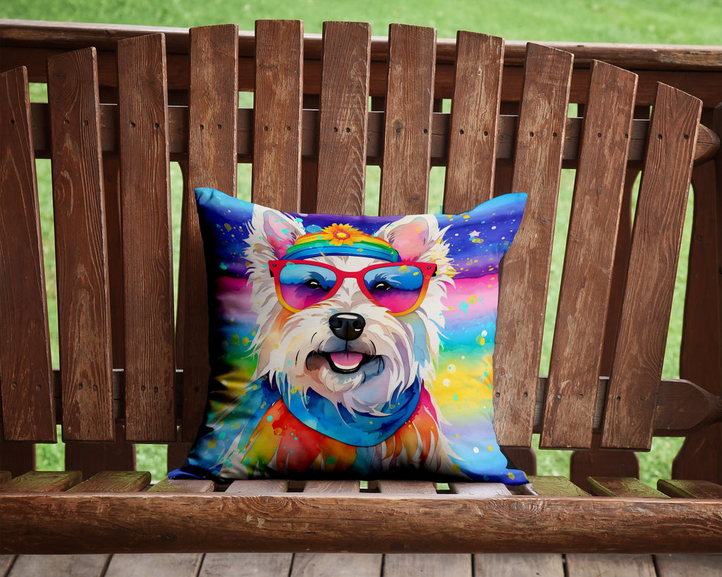 Westie Hippie Dawg Decorative Throw Pillow 14x14 Indoor Outdoor Accent Cushion, Fabric Cover with Insert for Sofa, Bed, Porch & Living Room