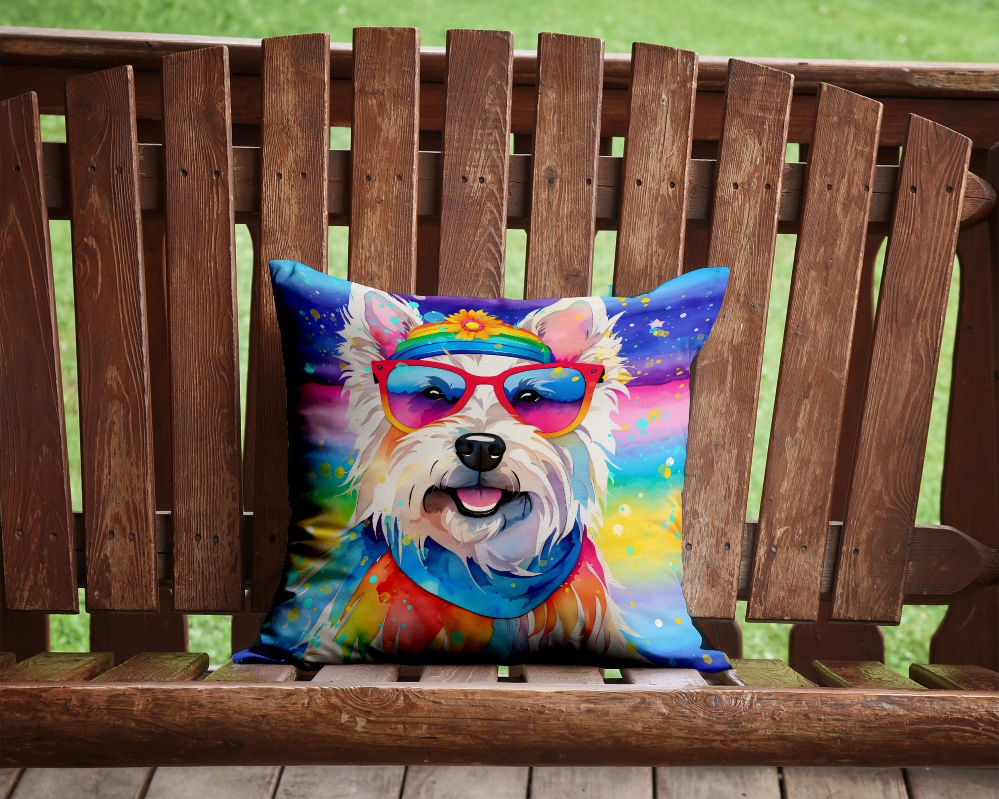 Westie Hippie Dawg Decorative Throw Pillow 14x14 Indoor Outdoor Accent Cushion, Fabric Cover with Insert for Sofa, Bed, Porch & Living Room