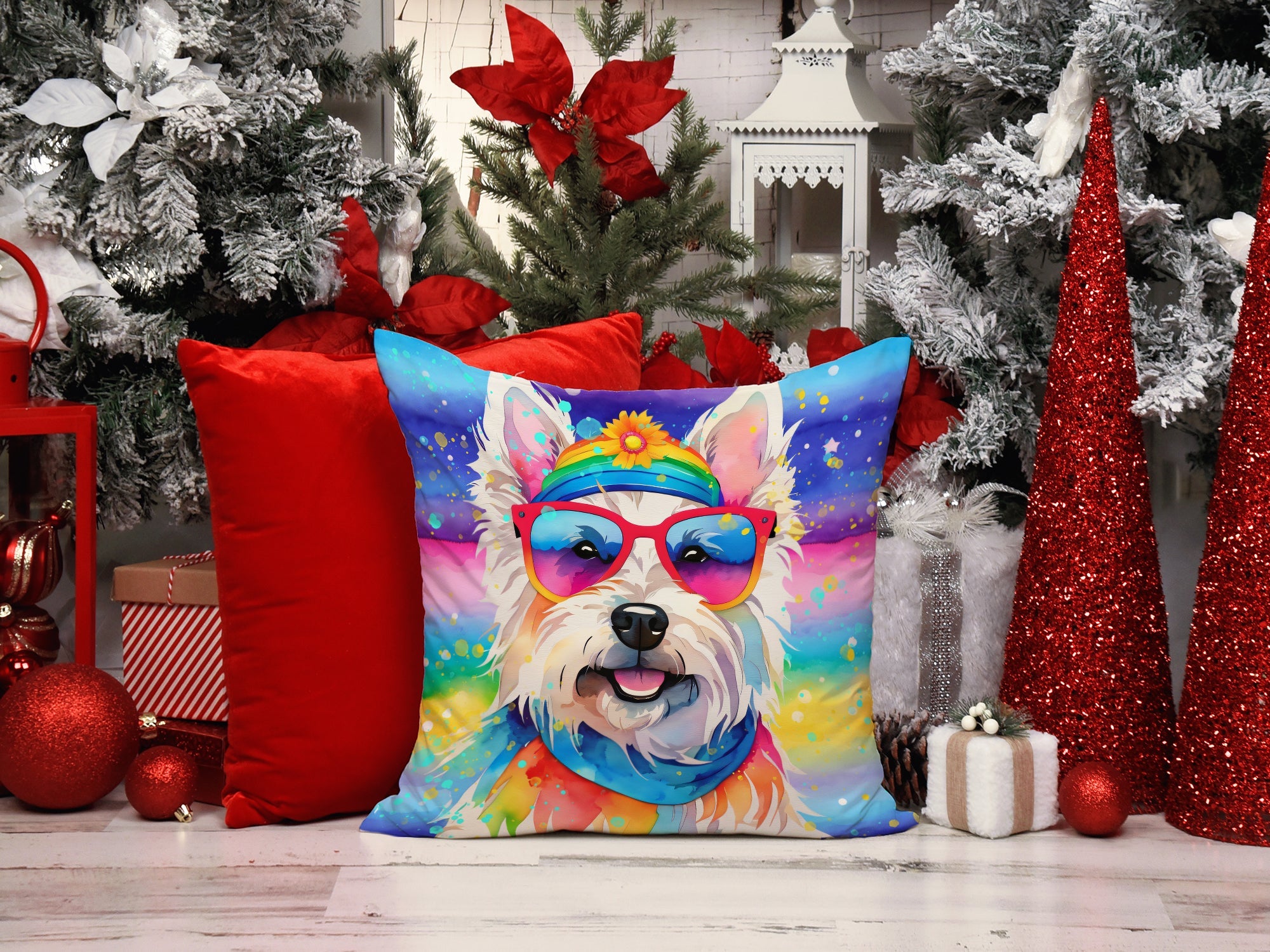 Westie Hippie Dawg Decorative Throw Pillow 18x18 Indoor Outdoor Accent Cushion, Fabric Cover with Insert for Sofa, Bed, Porch & Living Room