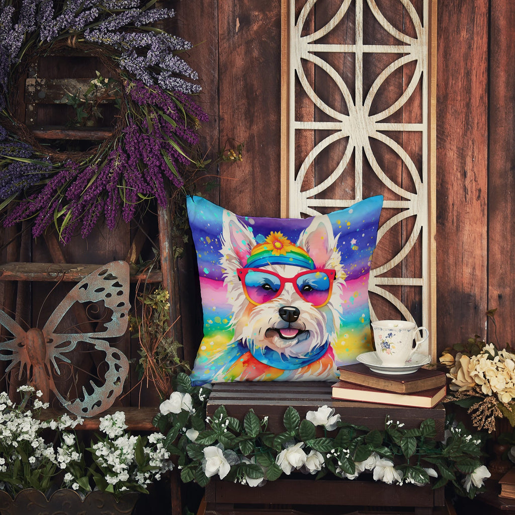 Westie Hippie Dawg Decorative Throw Pillow 18x18 Indoor Outdoor Accent Cushion, Fabric Cover with Insert for Sofa, Bed, Porch & Living Room