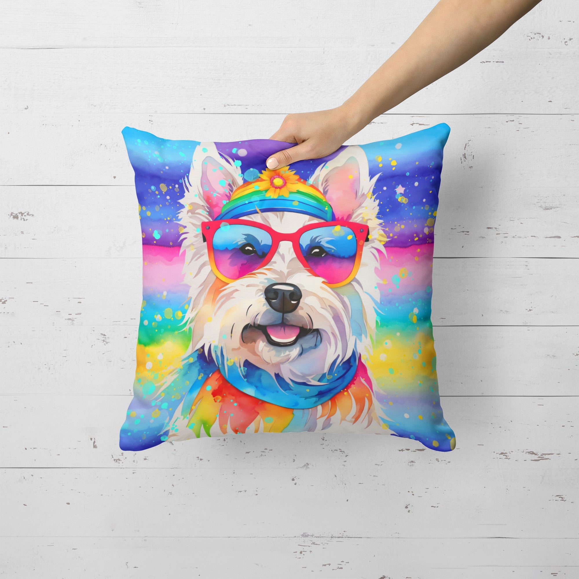 Westie Hippie Dawg Decorative Throw Pillow 18x18 Indoor Outdoor Accent Cushion, Fabric Cover with Insert for Sofa, Bed, Porch & Living Room