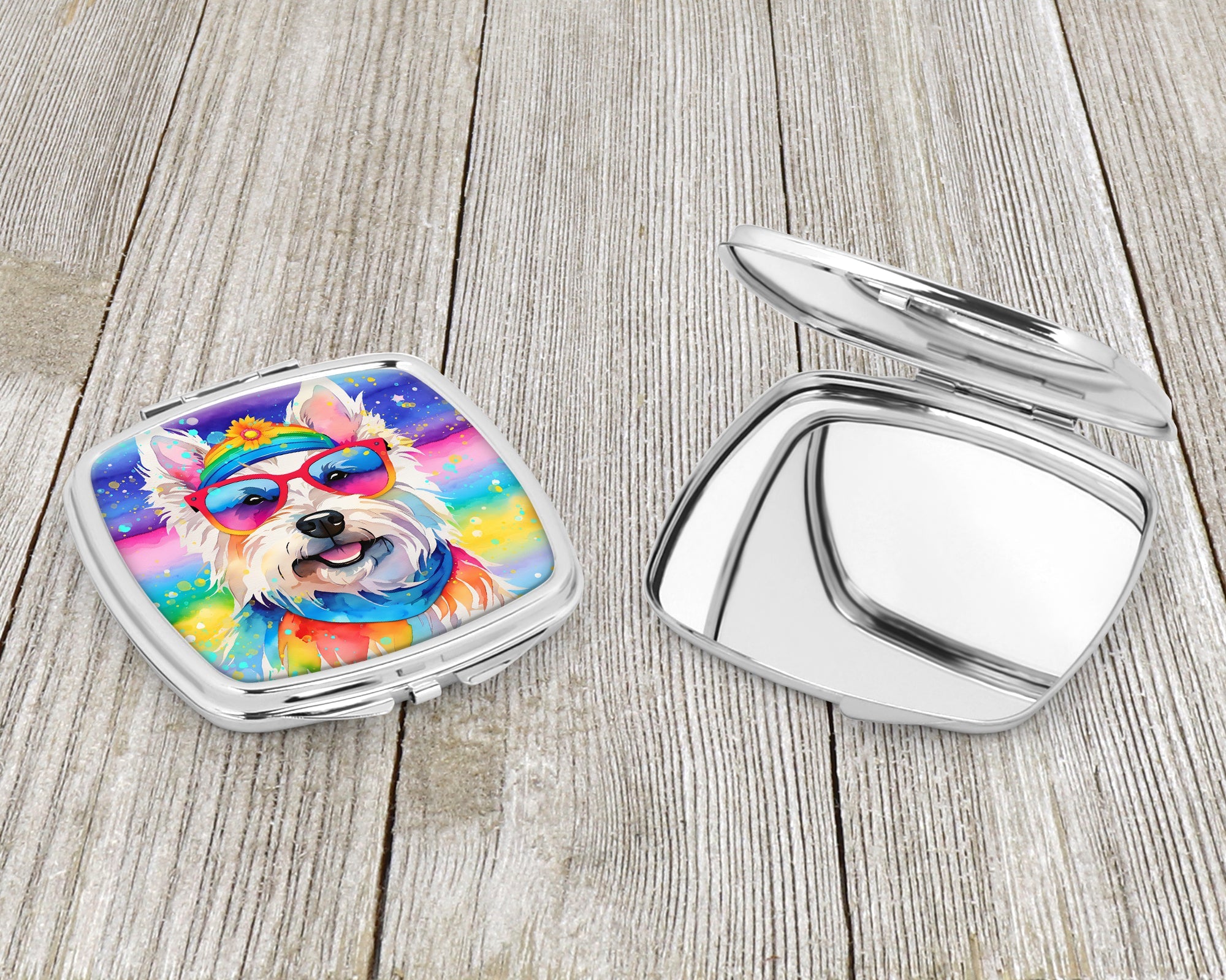 Westie Hippie Dawg Compact Mirror Decorative Travel Makeup Mirror for Women Girls Gifts Pocket Makeup Mirror Folding Handheld