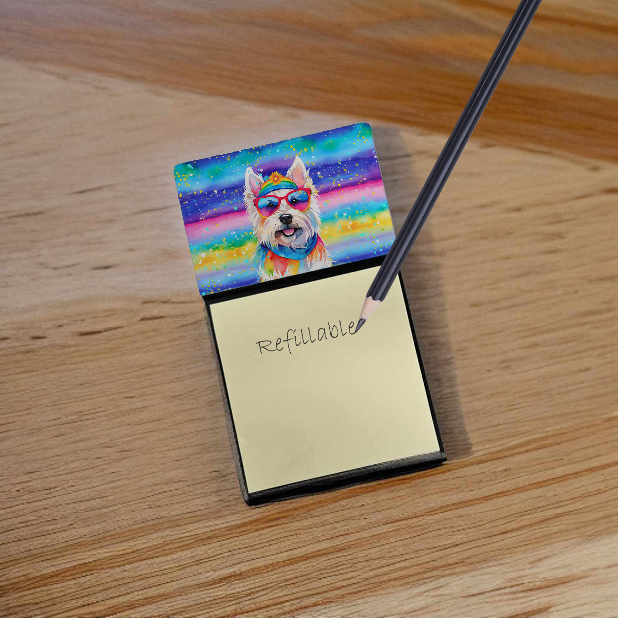 Westie Hippie Dawg Watercolor Sticky Note Holder Refillable Dispenser Desk Accessory 3x3 Pad Gift