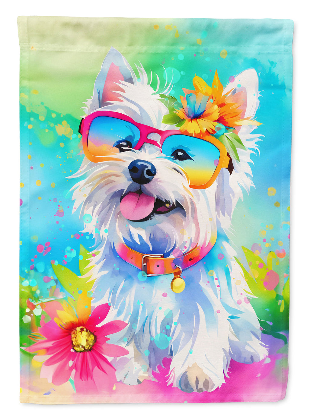 Westie Hippie Dawg House Flag 28x40 Porch Sleeve Pole Decorative Outside Yard Banner Artwork Wall Hanging, Polyester