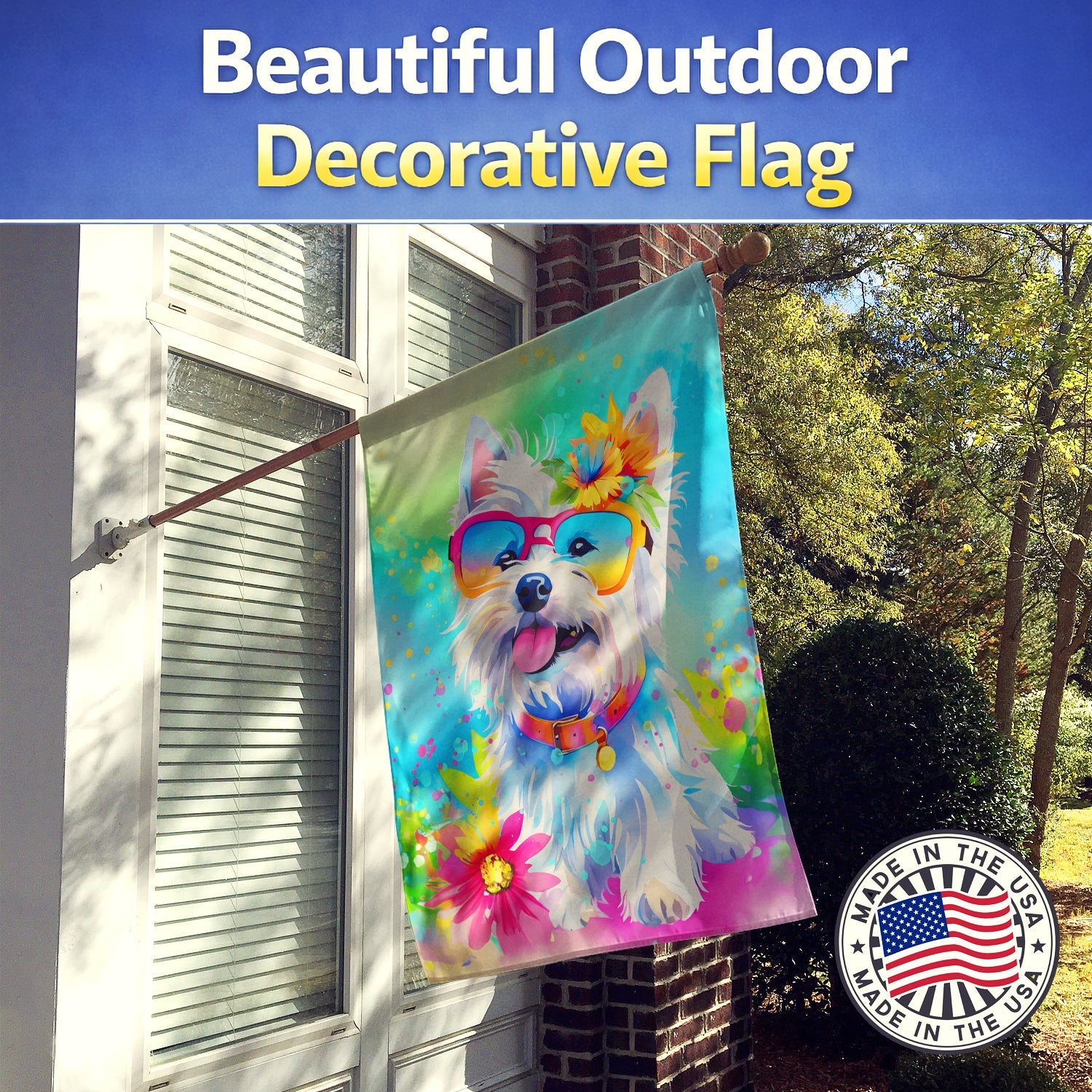 Westie Hippie Dawg House Flag 28x40 Porch Sleeve Pole Decorative Outside Yard Banner Artwork Wall Hanging, Polyester