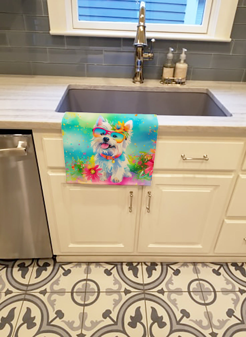 Westie Hippie Dawg Kitchen Towel Velour Plush Front and Cotton Loop Back Machine Washable