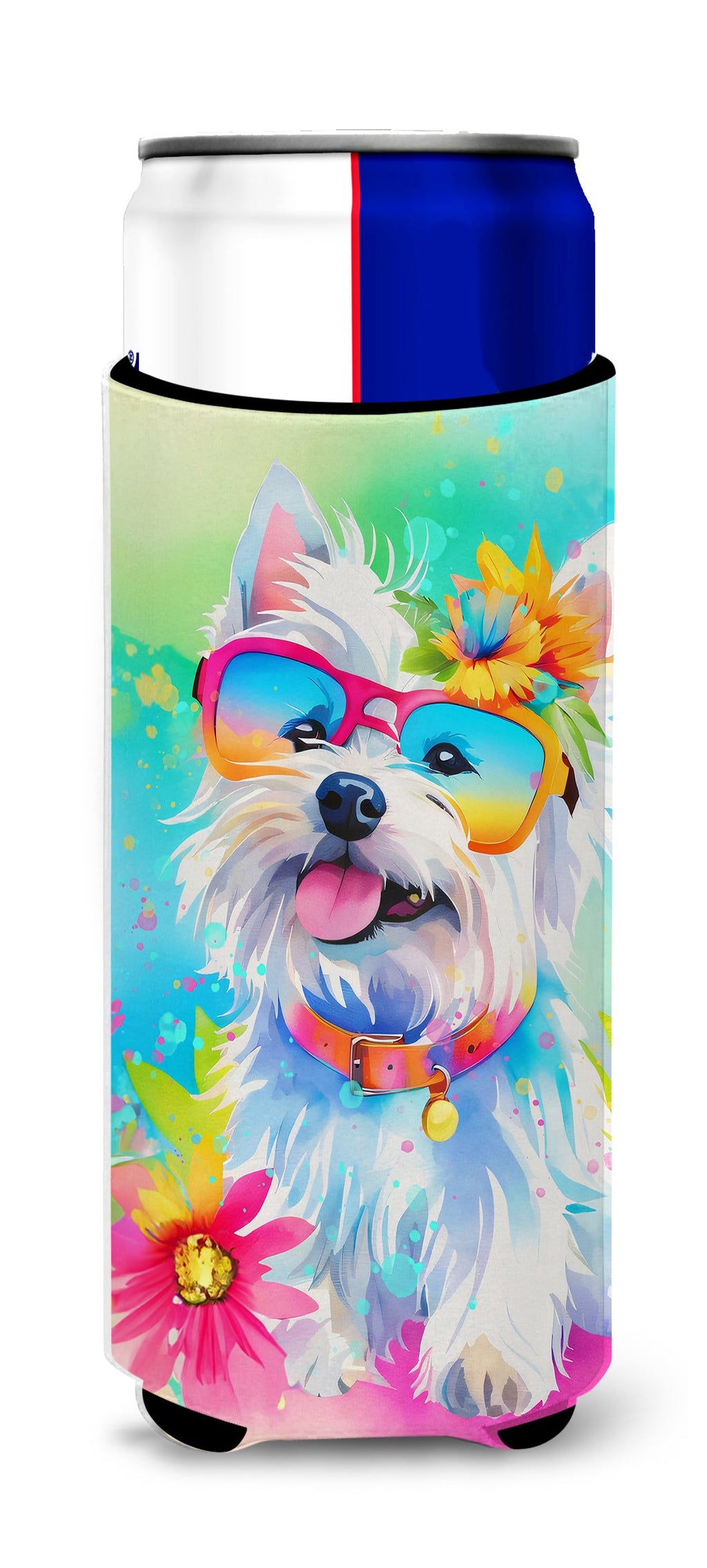 Westie Hippie Dawg Slim Can Hugger , Insulated Foam Hugger for 12 oz Slim Cans, Beer Bottles & Water Bottles, Printed in USA