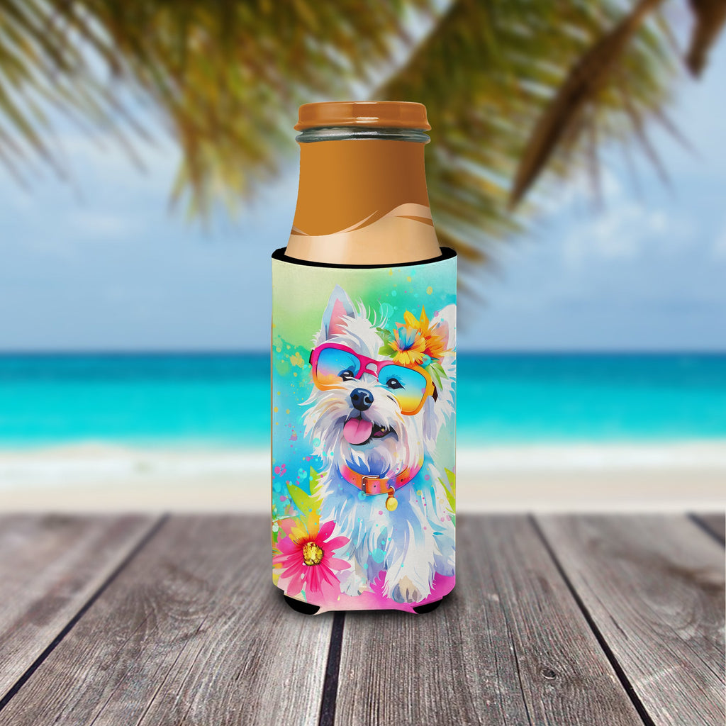 Westie Hippie Dawg Slim Can Hugger , Insulated Foam Hugger for 12 oz Slim Cans, Beer Bottles & Water Bottles, Printed in USA