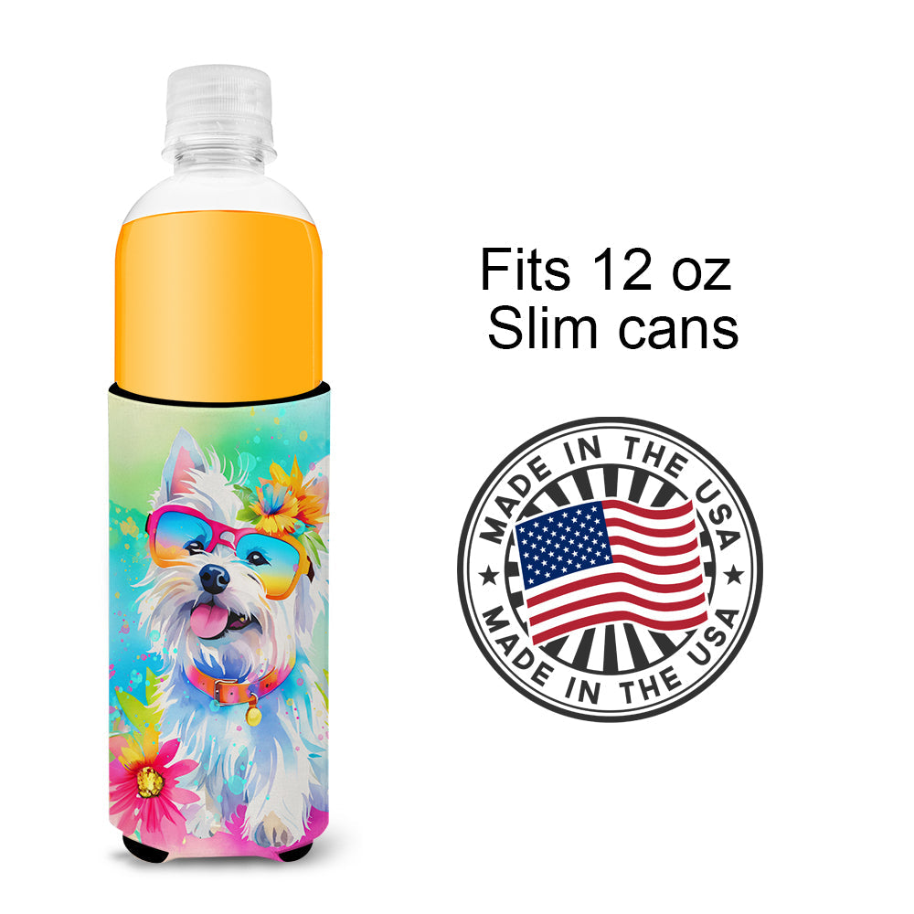 Westie Hippie Dawg Slim Can Hugger , Insulated Foam Hugger for 12 oz Slim Cans, Beer Bottles & Water Bottles, Printed in USA
