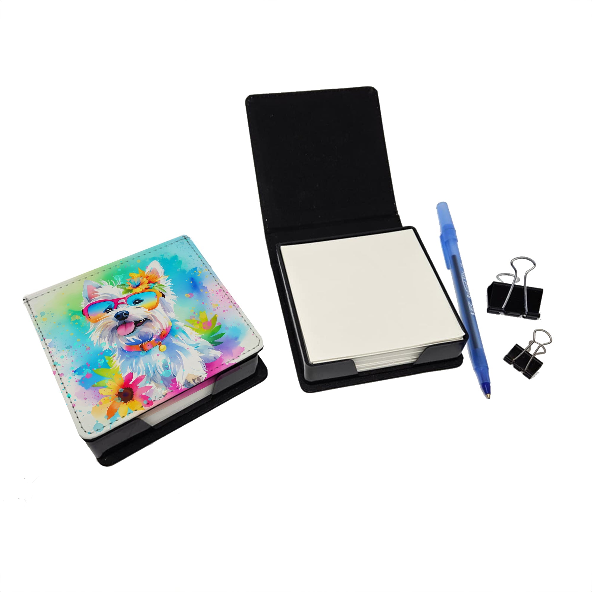 Westie Hippie Dawg PU Leather Note Paper Holder with Artist-Designed Cover, Desk Accessory, Office Gift