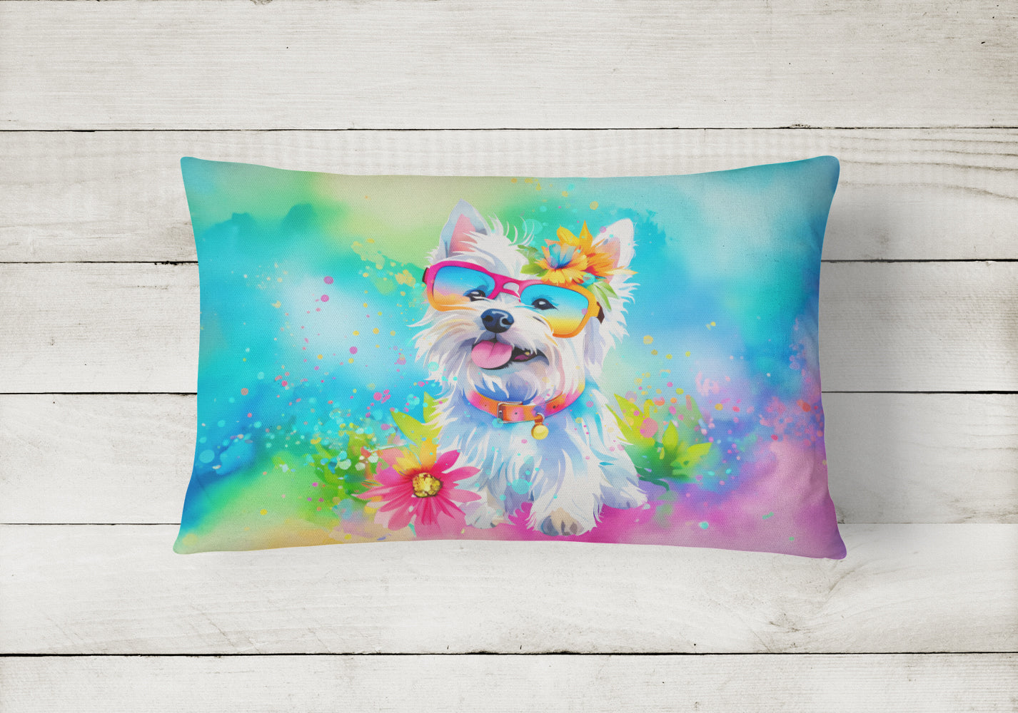 Westie Hippie Dawg Decorative Throw Pillow 12x16 Indoor Outdoor Accent Cushion, Fabric Cover with Insert for Sofa, Bed, Porch & Living Room