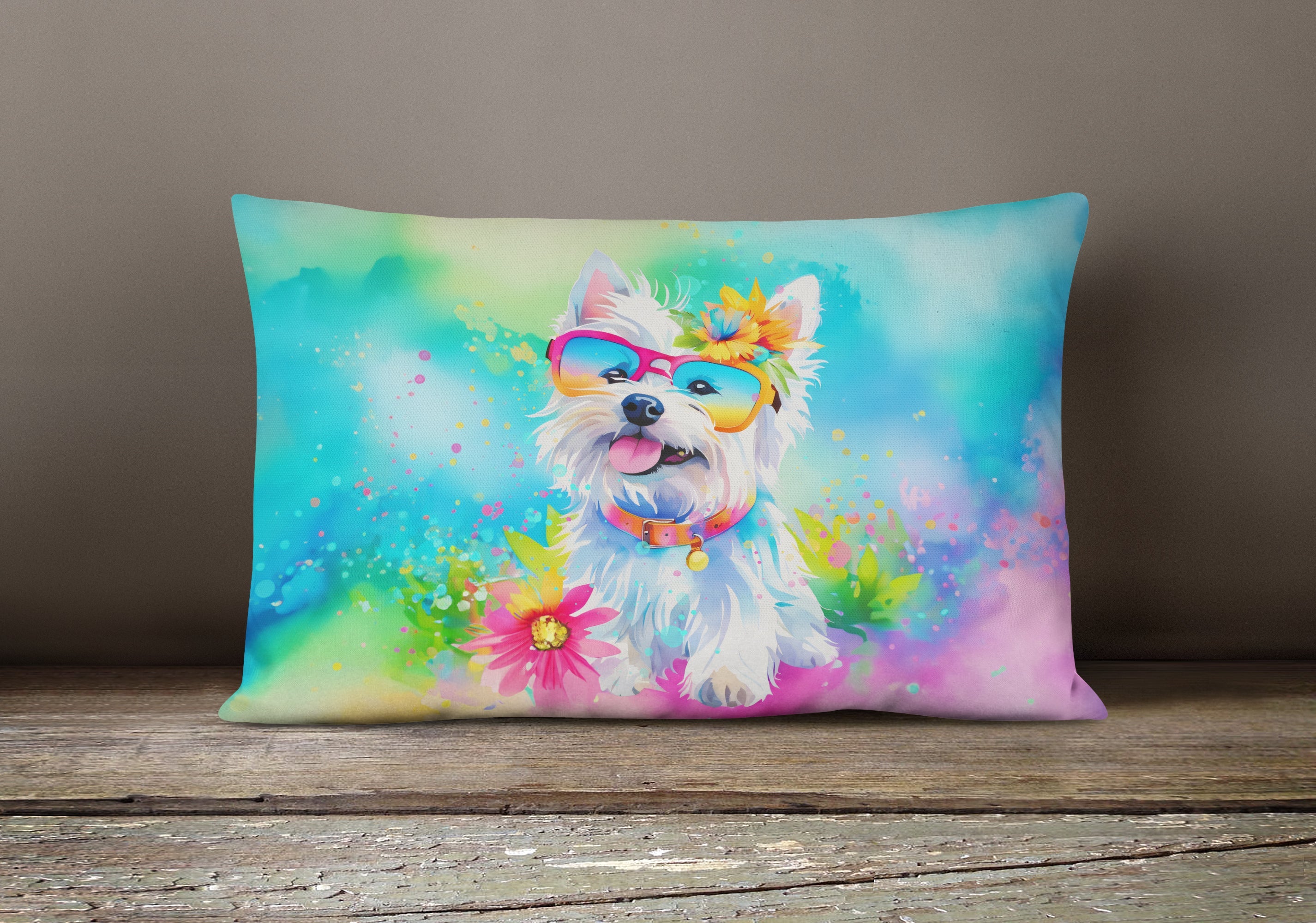 Westie Hippie Dawg Decorative Throw Pillow 12x16 Indoor Outdoor Accent Cushion, Fabric Cover with Insert for Sofa, Bed, Porch & Living Room