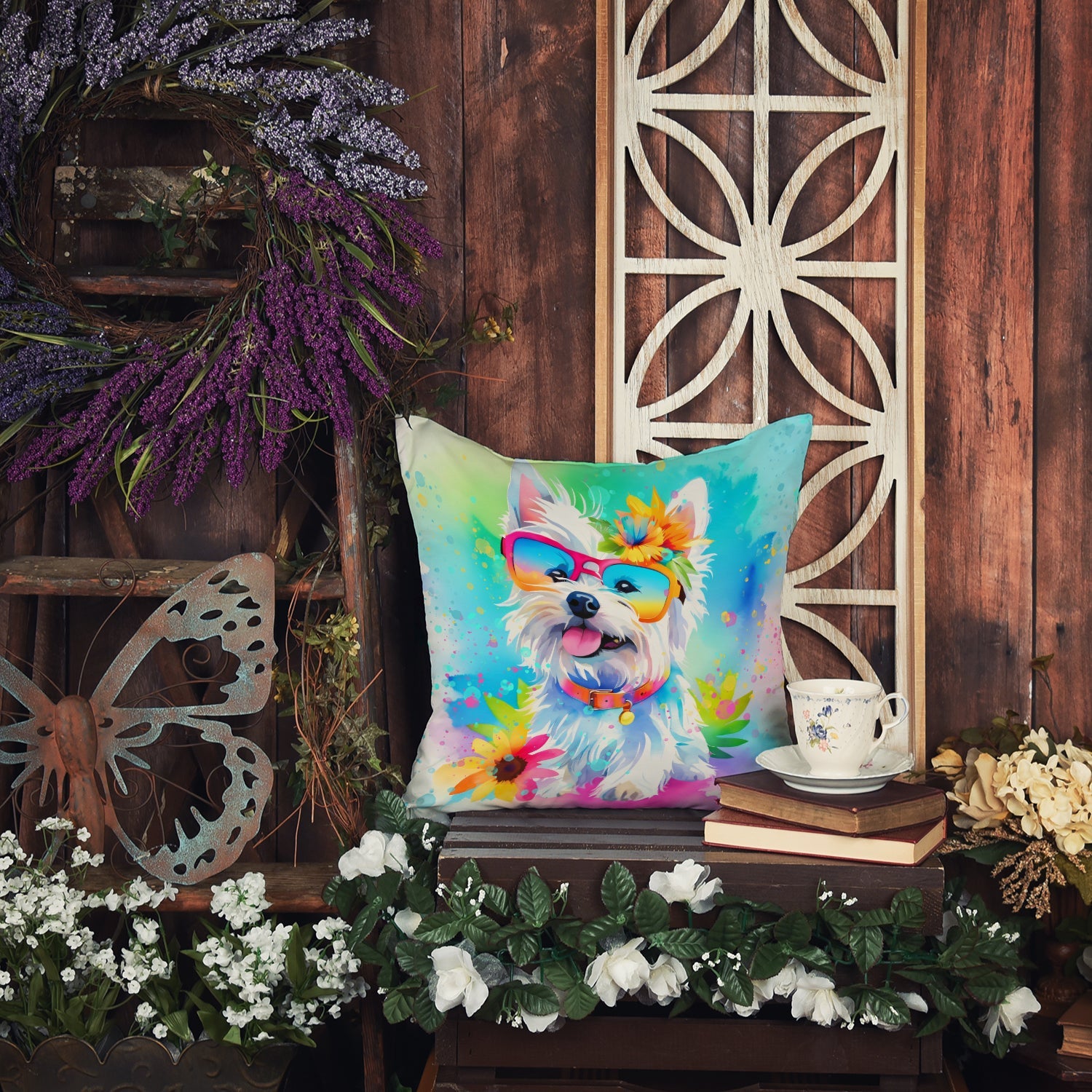 Westie Hippie Dawg Decorative Throw Pillow 14x14 Indoor Outdoor Accent Cushion, Fabric Cover with Insert for Sofa, Bed, Porch & Living Room