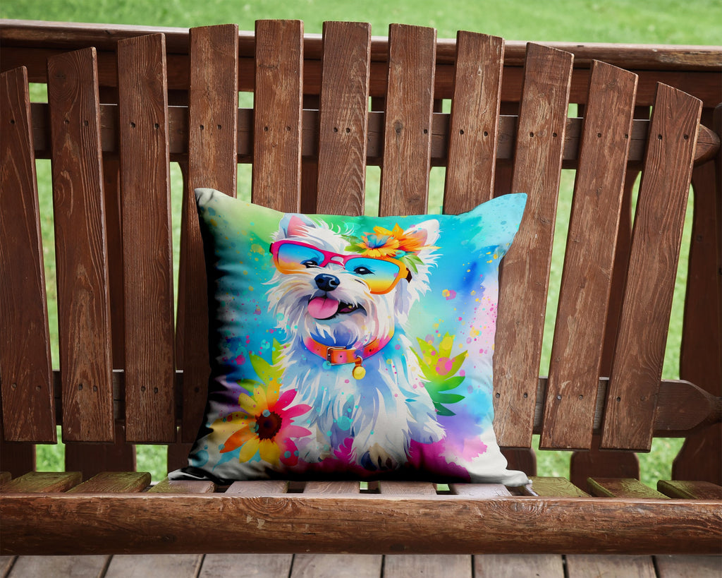 Westie Hippie Dawg Decorative Throw Pillow 14x14 Indoor Outdoor Accent Cushion, Fabric Cover with Insert for Sofa, Bed, Porch & Living Room