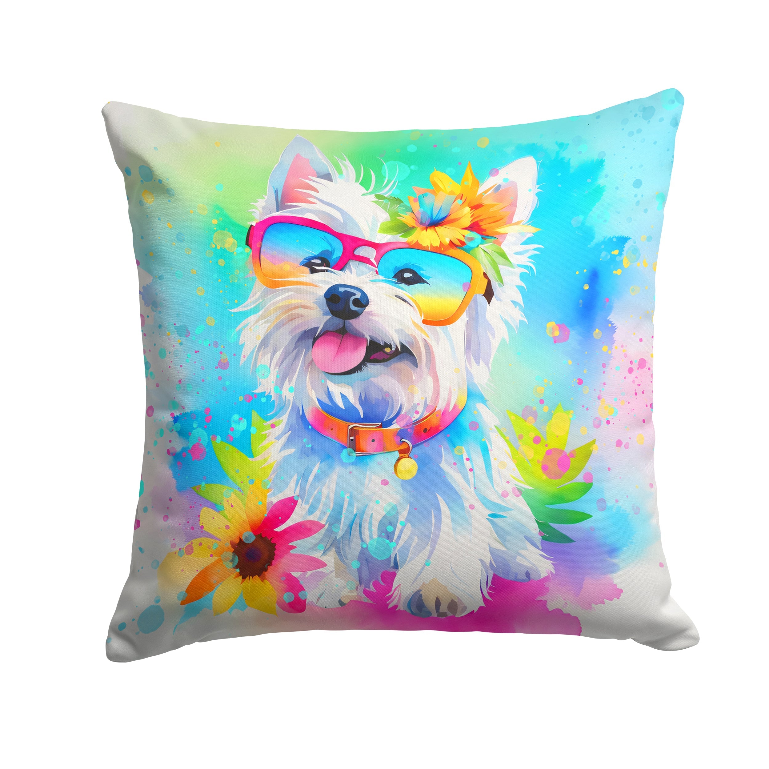 Westie Hippie Dawg Decorative Throw Pillow 18x18 Indoor Outdoor Accent Cushion, Fabric Cover with Insert for Sofa, Bed, Porch & Living Room
