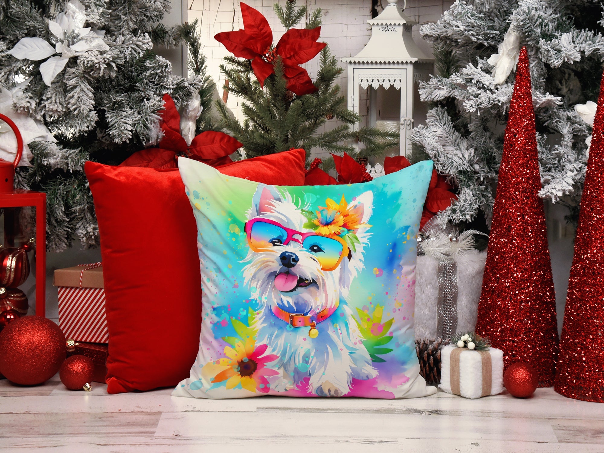 Westie Hippie Dawg Decorative Throw Pillow 18x18 Indoor Outdoor Accent Cushion, Fabric Cover with Insert for Sofa, Bed, Porch & Living Room