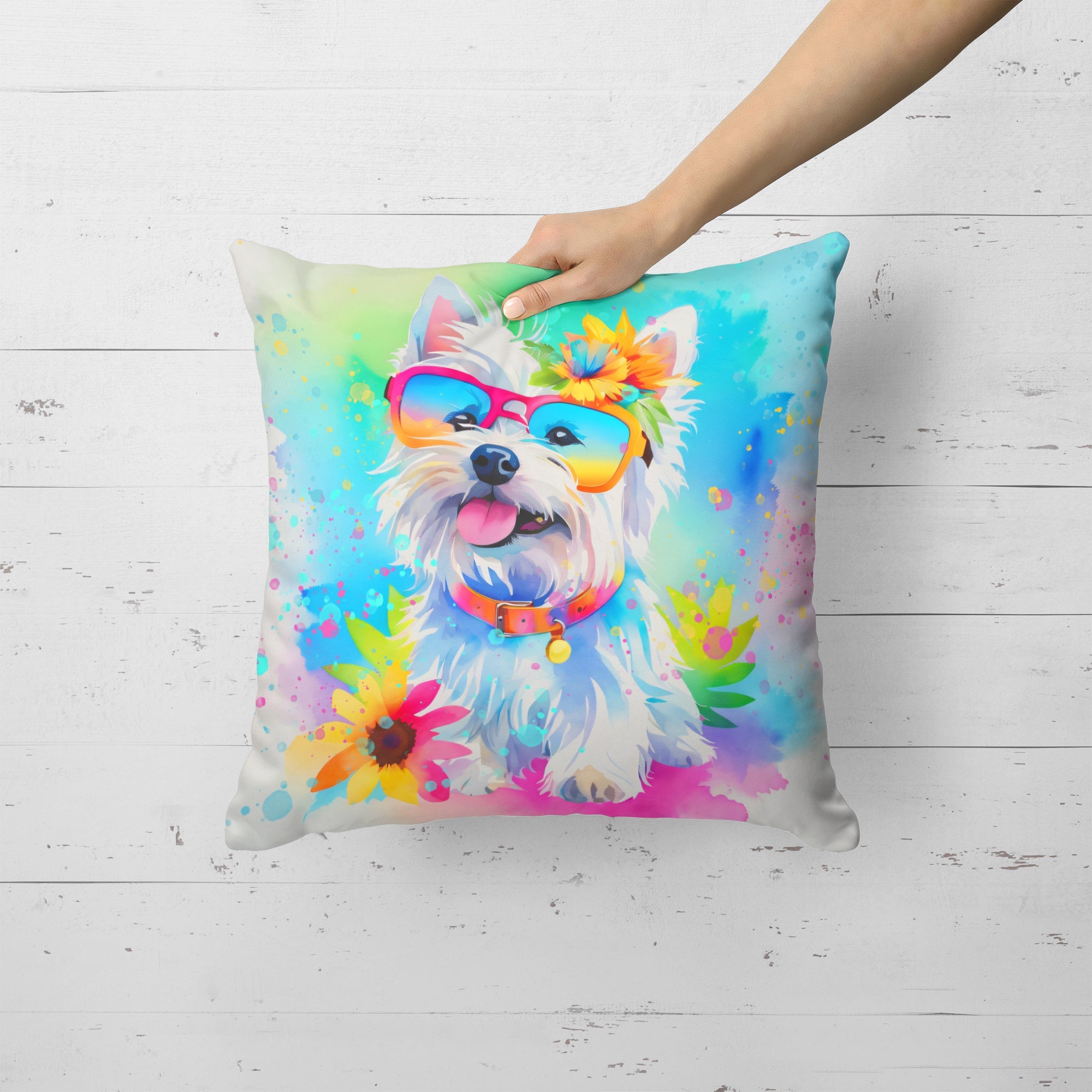Westie Hippie Dawg Decorative Throw Pillow 18x18 Indoor Outdoor Accent Cushion, Fabric Cover with Insert for Sofa, Bed, Porch & Living Room