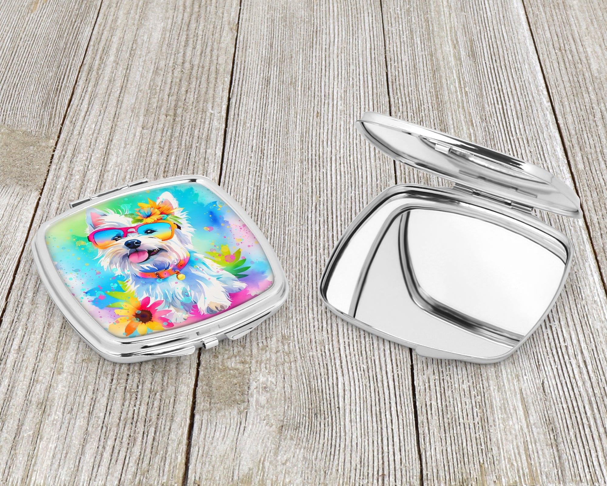 Westie Hippie Dawg Compact Mirror Decorative Travel Makeup Mirror for Women Girls Gifts Pocket Makeup Mirror Folding Handheld