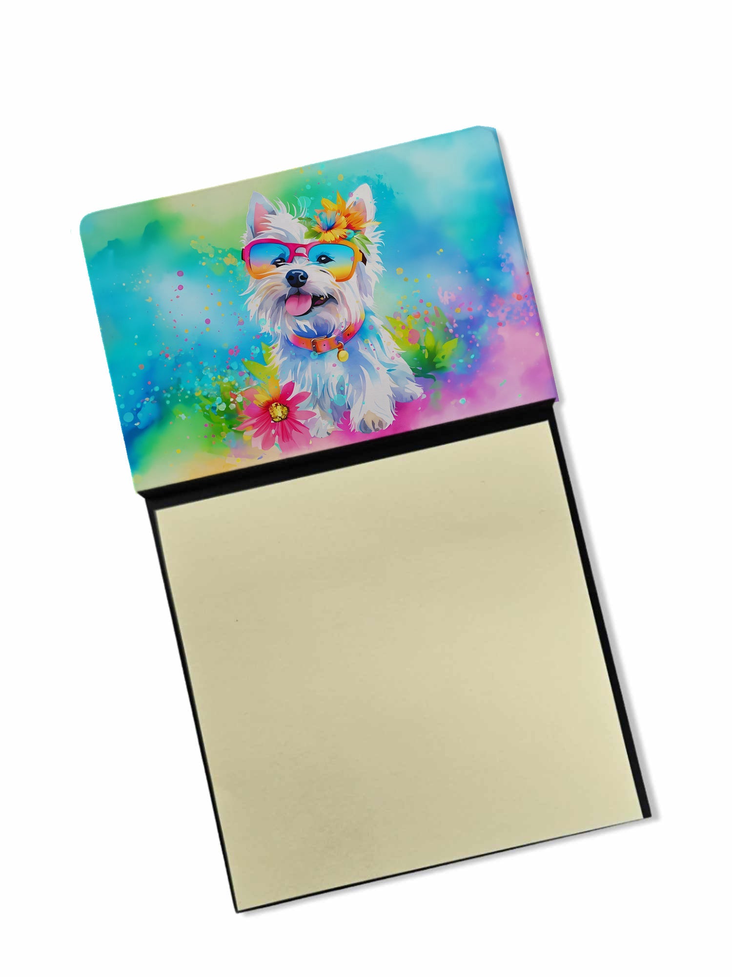 Westie Hippie Dawg Watercolor Sticky Note Holder Refillable Dispenser Desk Accessory 3x3 Pad Gift