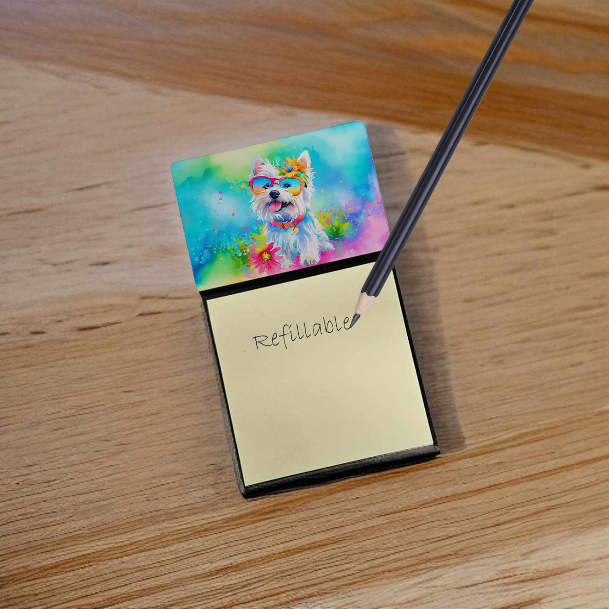 Westie Hippie Dawg Watercolor Sticky Note Holder Refillable Dispenser Desk Accessory 3x3 Pad Gift