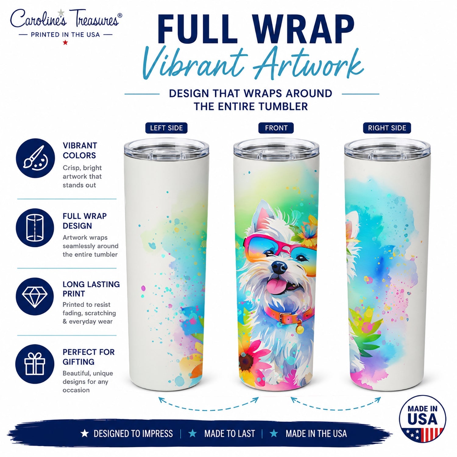 Westie Hippie Dawg Stainless Steel Skinny Tumbler 20 oz Vacuum Double Walled Reusable Insulated Travel Cup