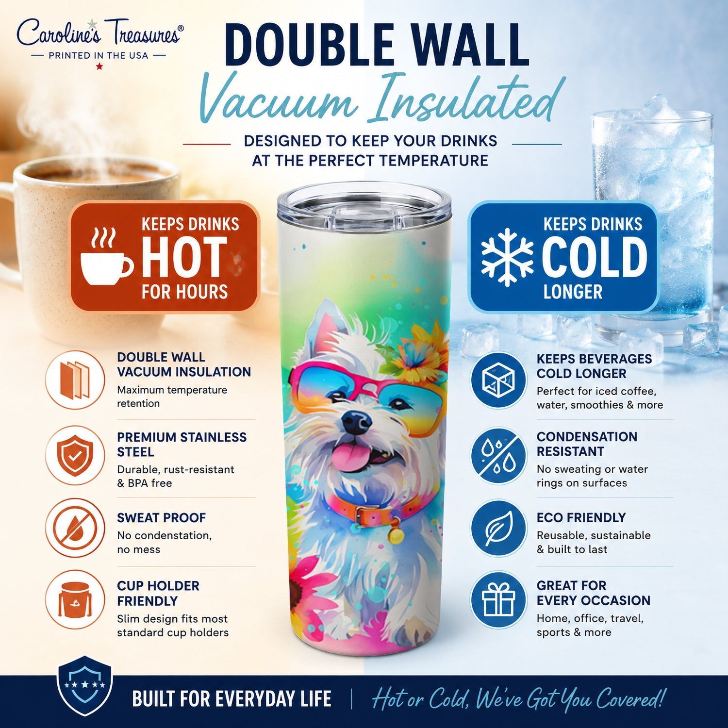 Westie Hippie Dawg Stainless Steel Skinny Tumbler 20 oz Vacuum Double Walled Reusable Insulated Travel Cup