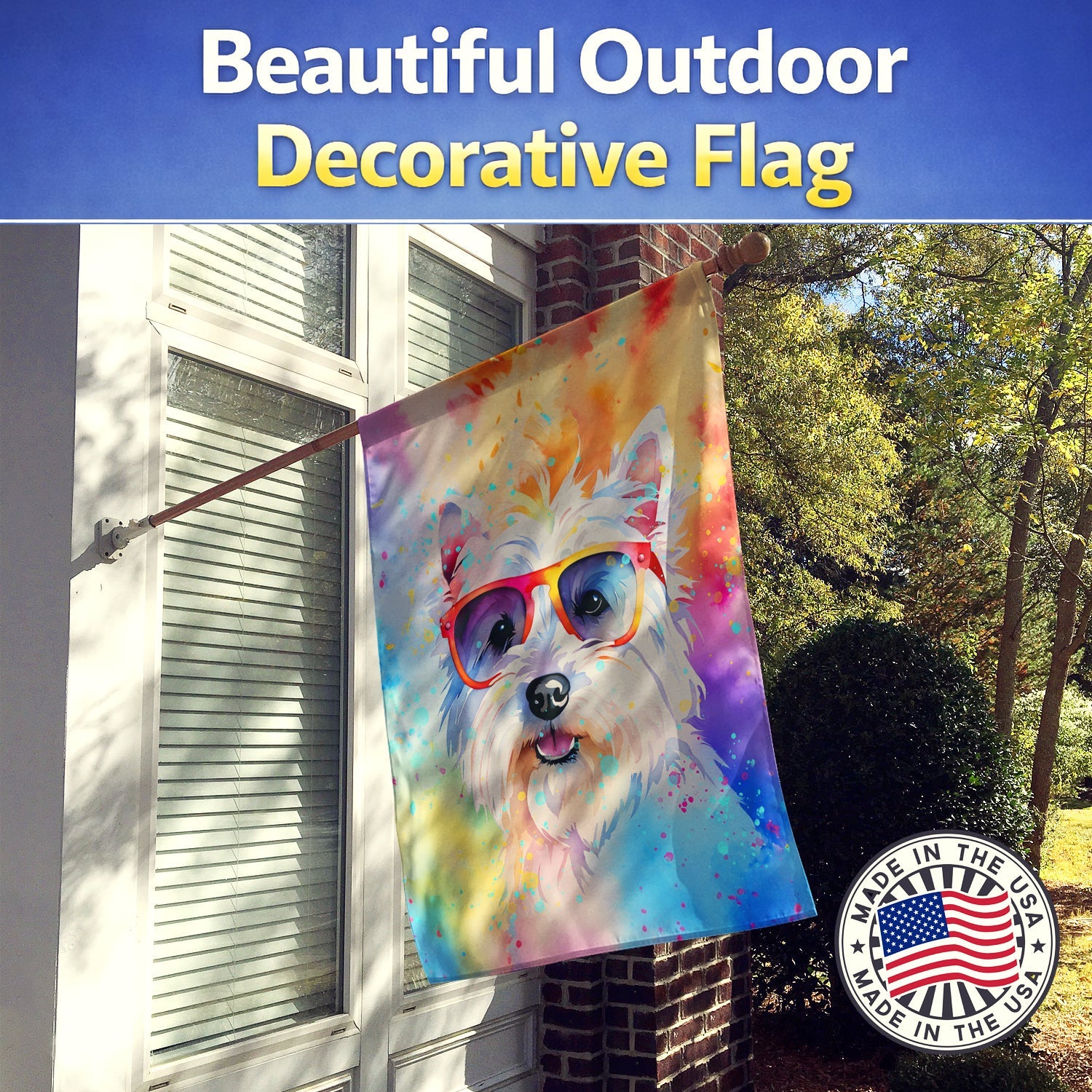 Westie Hippie Dawg House Flag 28x40 Porch Sleeve Pole Decorative Outside Yard Banner Artwork Wall Hanging, Polyester