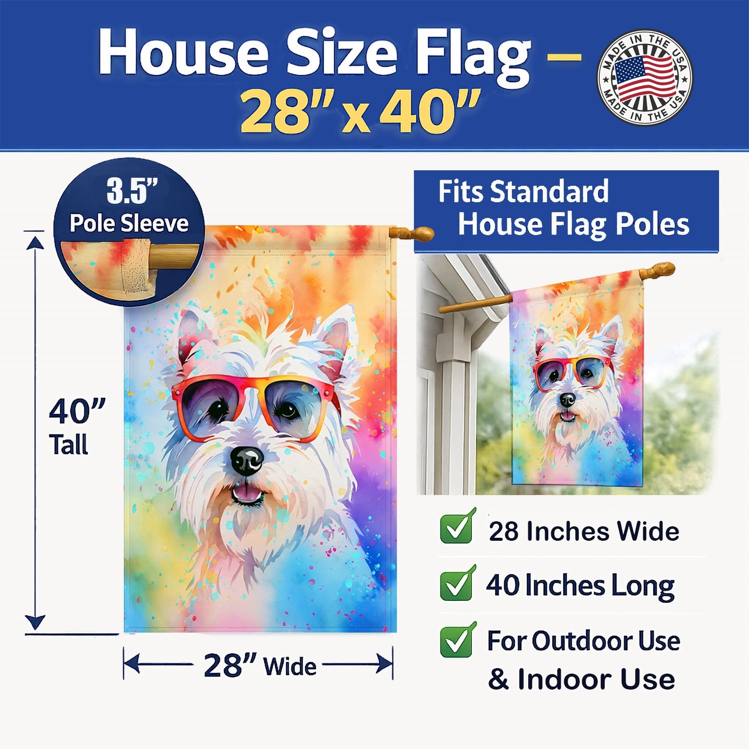 Westie Hippie Dawg House Flag 28x40 Porch Sleeve Pole Decorative Outside Yard Banner Artwork Wall Hanging, Polyester