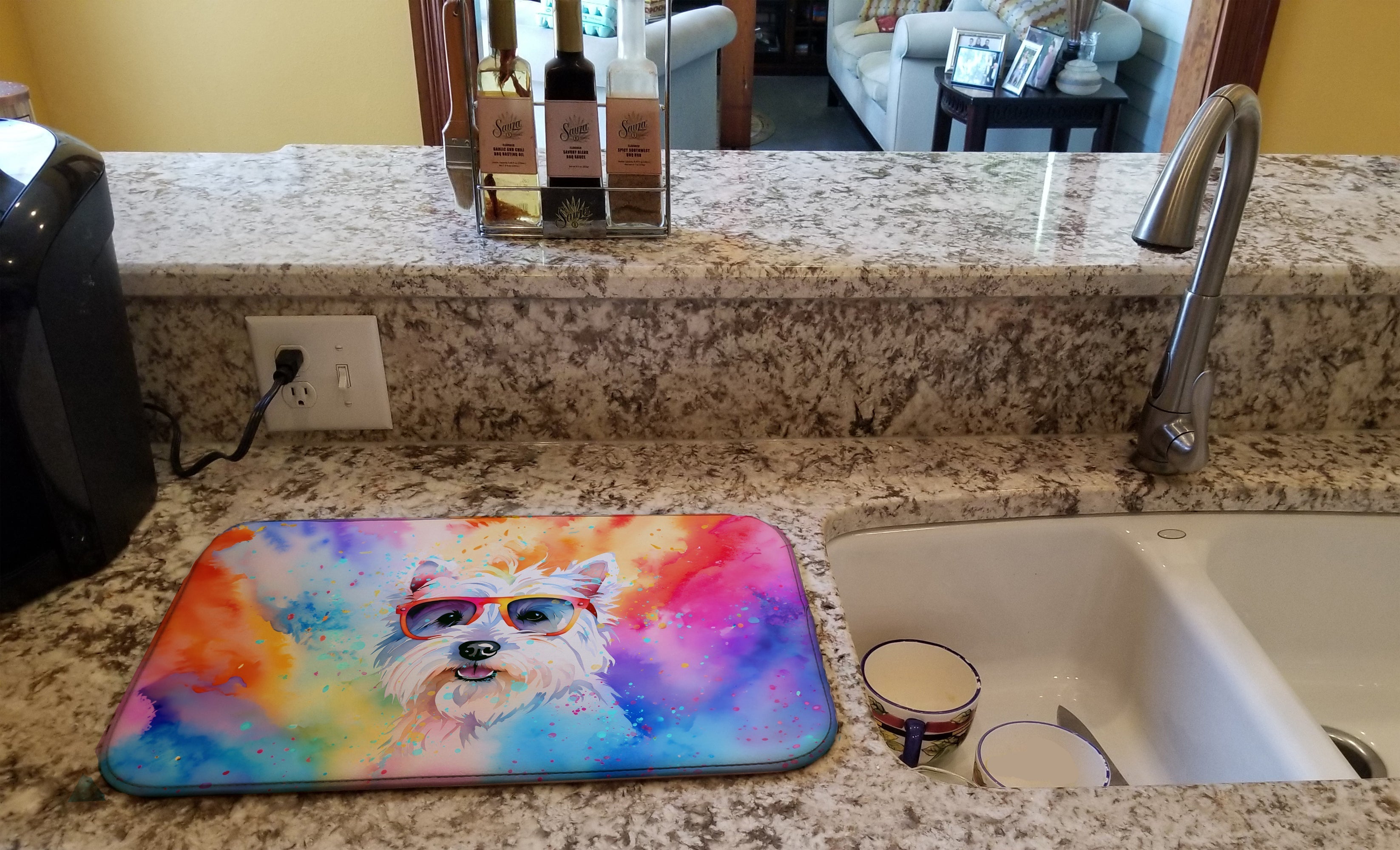 Westie Hippie Dawg Dish Drying Mat Absorbent Dish Drying Mat Pad for Kitchen Counter Dish Drainer Mat for Countertop, 14 x 21", Multicolor