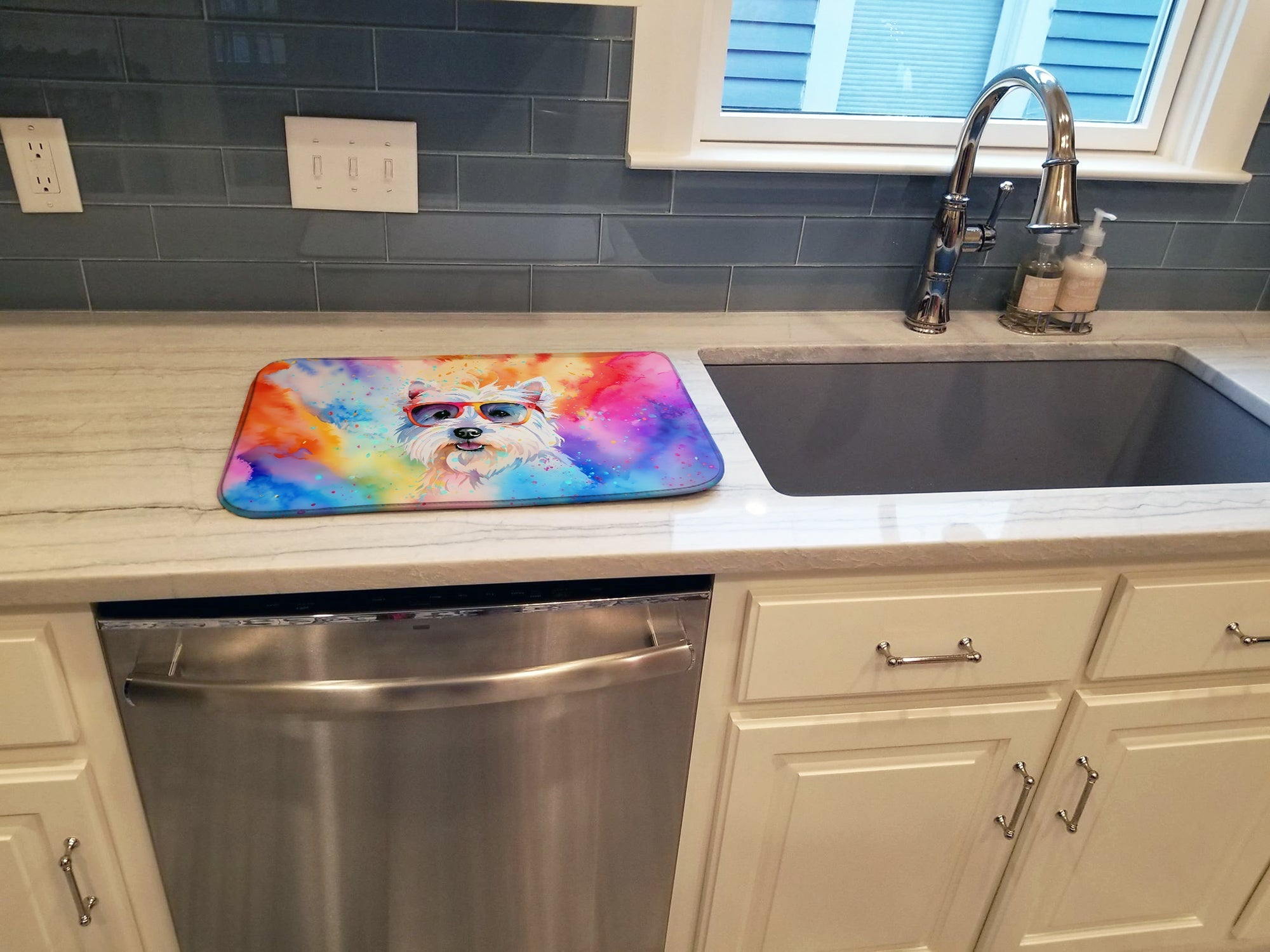 Westie Hippie Dawg Dish Drying Mat Absorbent Dish Drying Mat Pad for Kitchen Counter Dish Drainer Mat for Countertop, 14 x 21", Multicolor