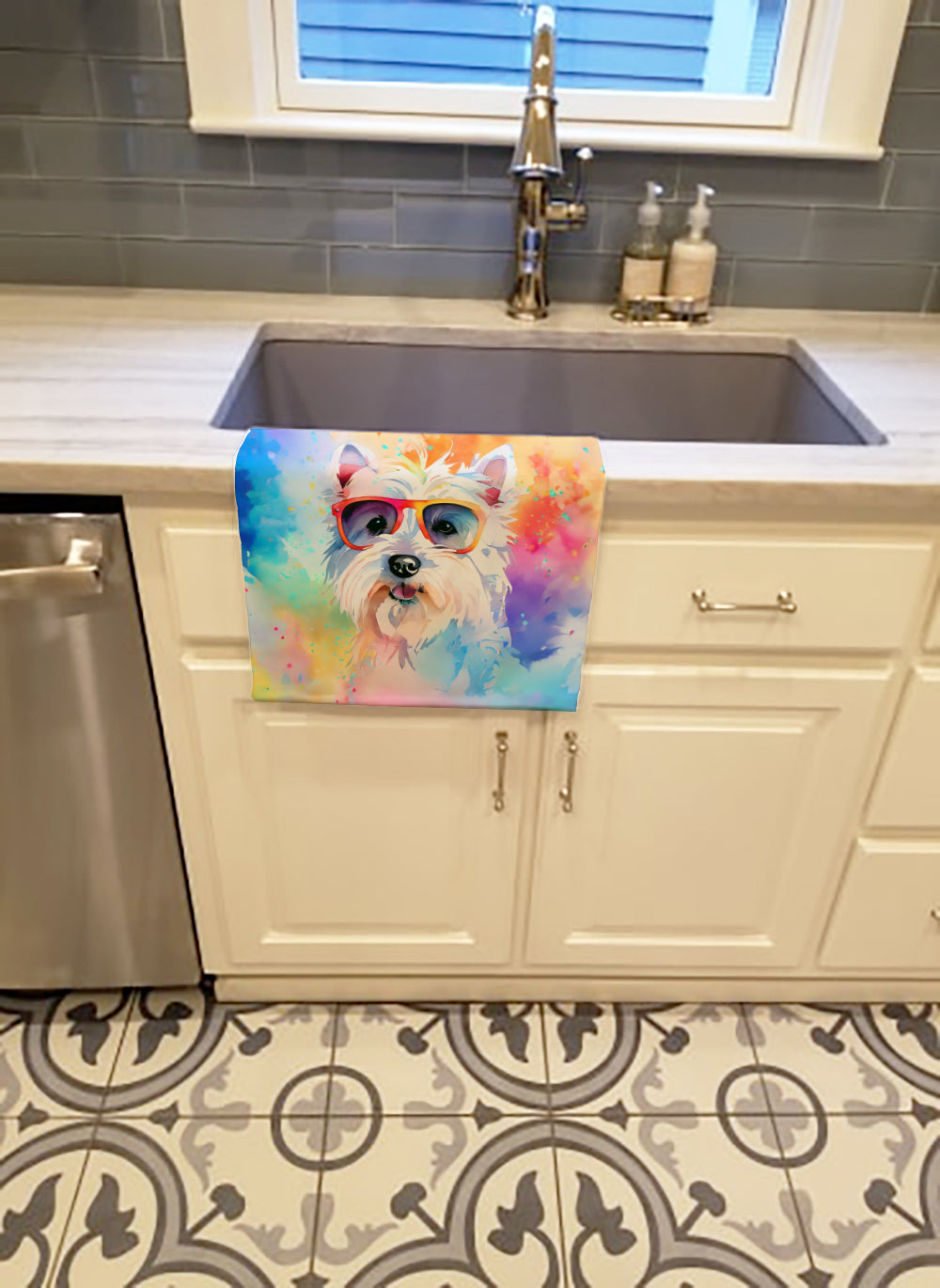 Westie Hippie Dawg Kitchen Towel Velour Plush Front and Cotton Loop Back Machine Washable
