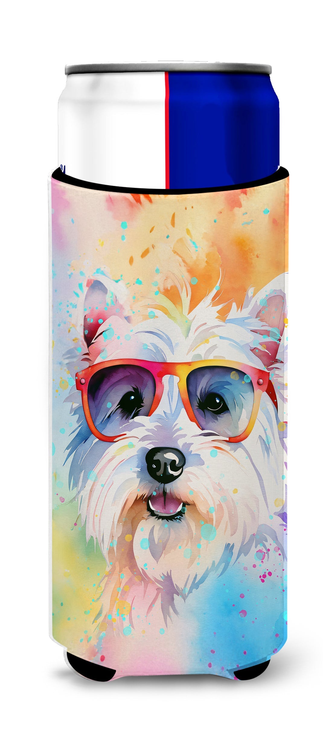 Westie Hippie Dawg Slim Can Hugger , Insulated Foam Hugger for 12 oz Slim Cans, Beer Bottles & Water Bottles, Printed in USA