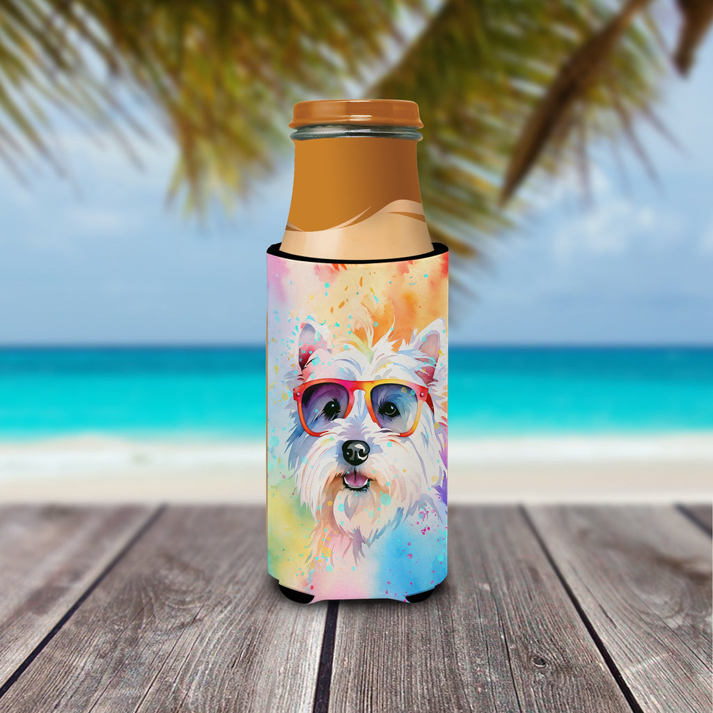 Westie Hippie Dawg Slim Can Hugger , Insulated Foam Hugger for 12 oz Slim Cans, Beer Bottles & Water Bottles, Printed in USA