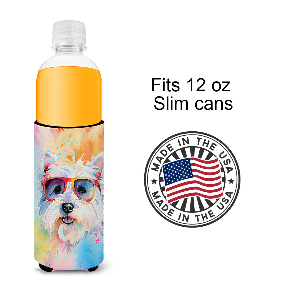 Westie Hippie Dawg Slim Can Hugger , Insulated Foam Hugger for 12 oz Slim Cans, Beer Bottles & Water Bottles, Printed in USA