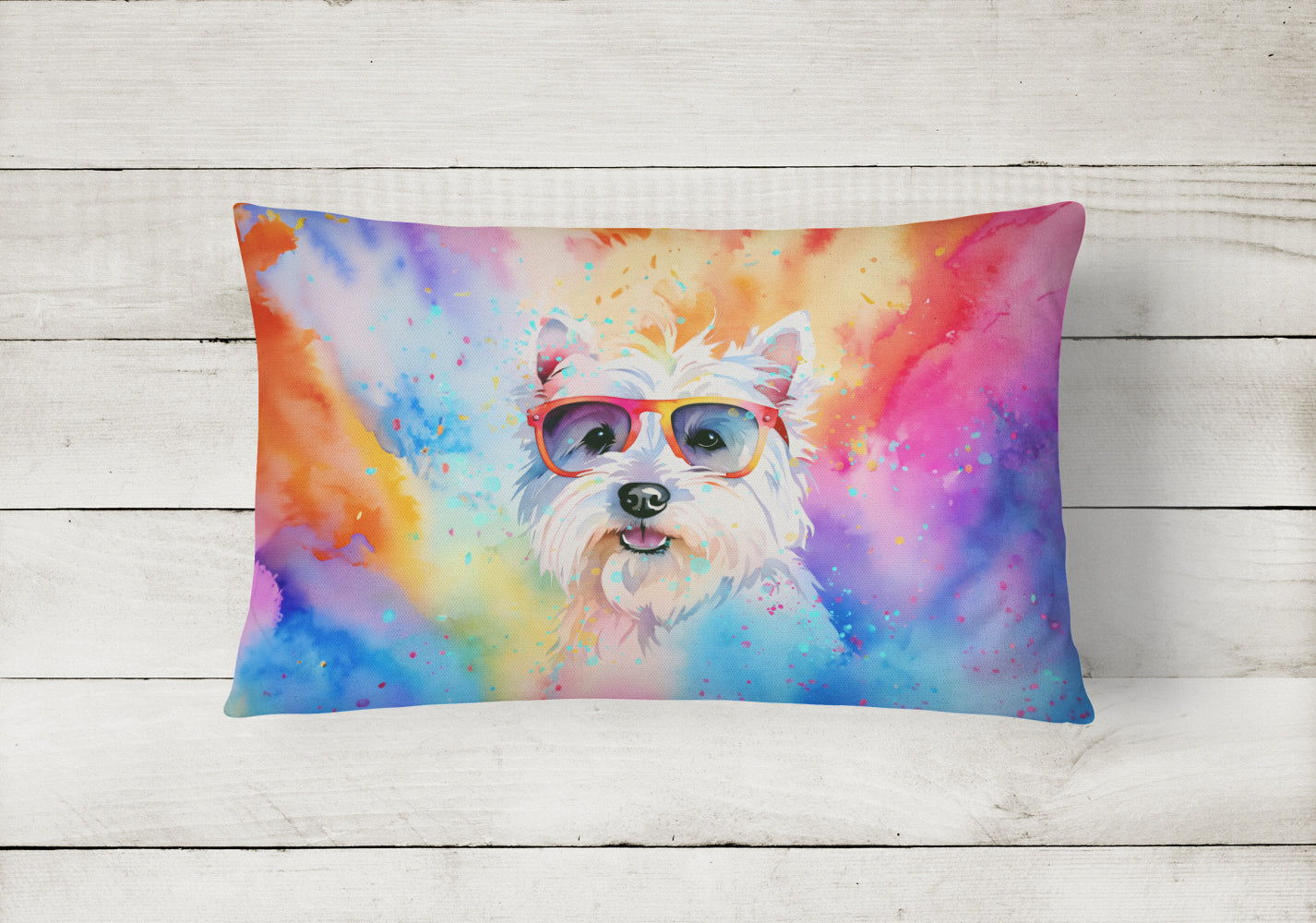 Westie Hippie Dawg Decorative Throw Pillow 12x16 Indoor Outdoor Accent Cushion, Fabric Cover with Insert for Sofa, Bed, Porch & Living Room