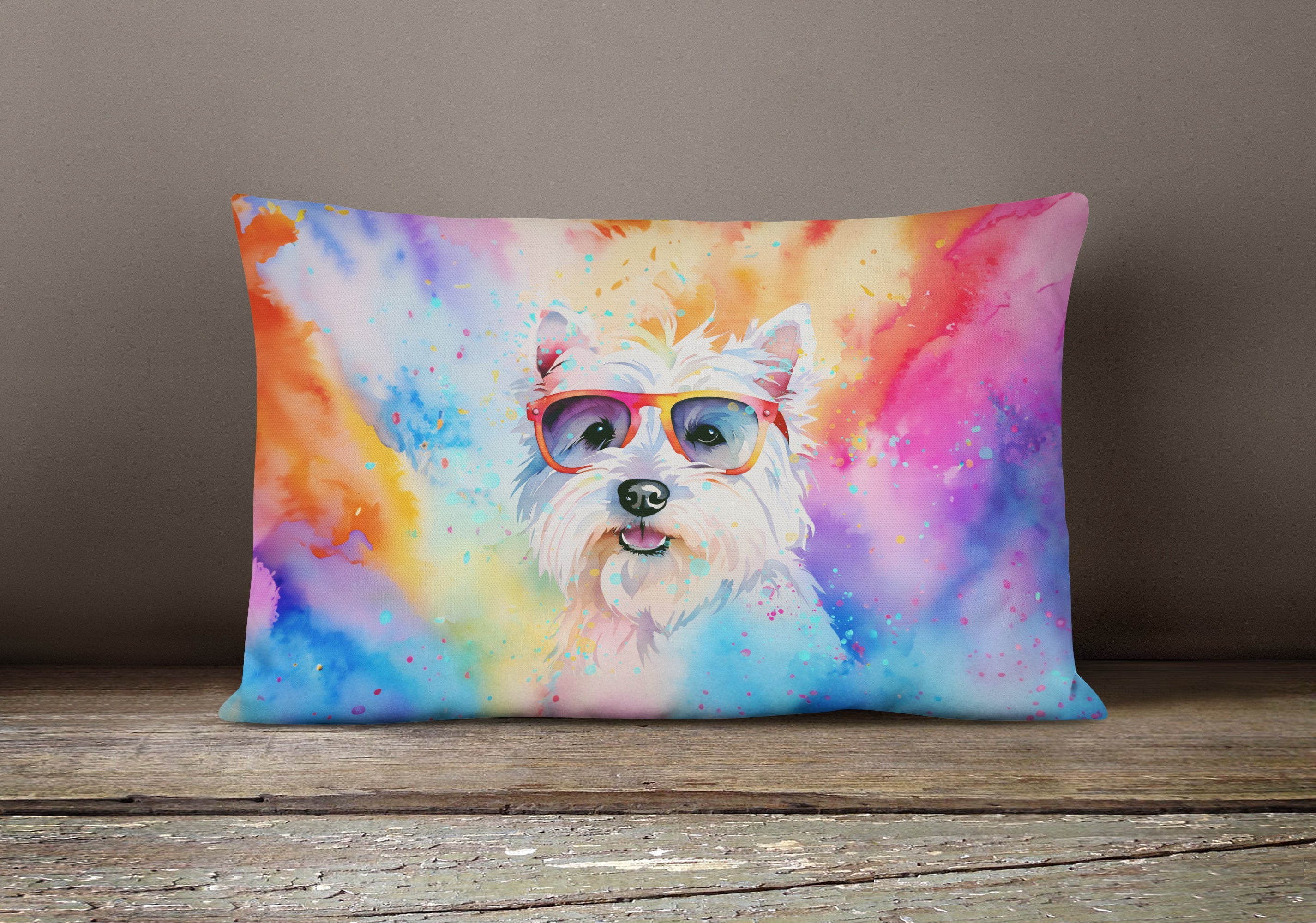 Westie Hippie Dawg Decorative Throw Pillow 12x16 Indoor Outdoor Accent Cushion, Fabric Cover with Insert for Sofa, Bed, Porch & Living Room