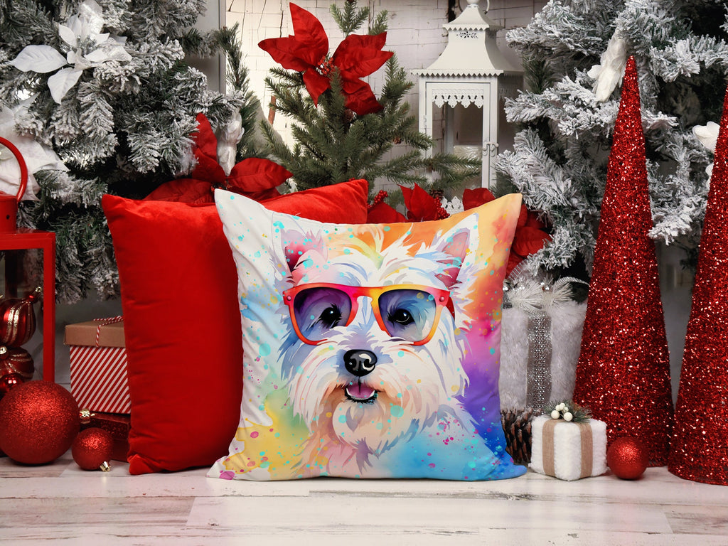 Westie Hippie Dawg Decorative Throw Pillow 14x14 Indoor Outdoor Accent Cushion, Fabric Cover with Insert for Sofa, Bed, Porch & Living Room