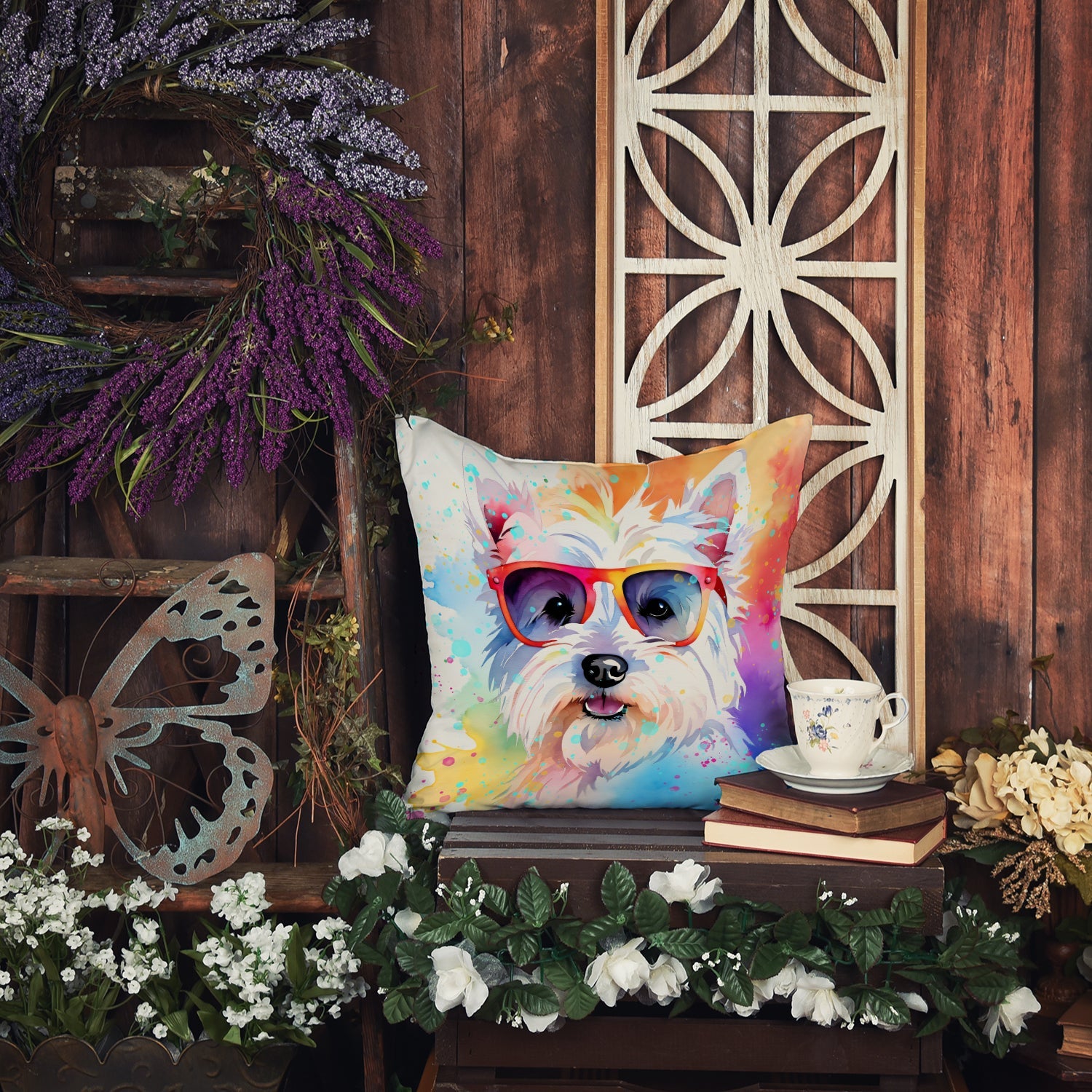 Westie Hippie Dawg Decorative Throw Pillow 14x14 Indoor Outdoor Accent Cushion, Fabric Cover with Insert for Sofa, Bed, Porch & Living Room