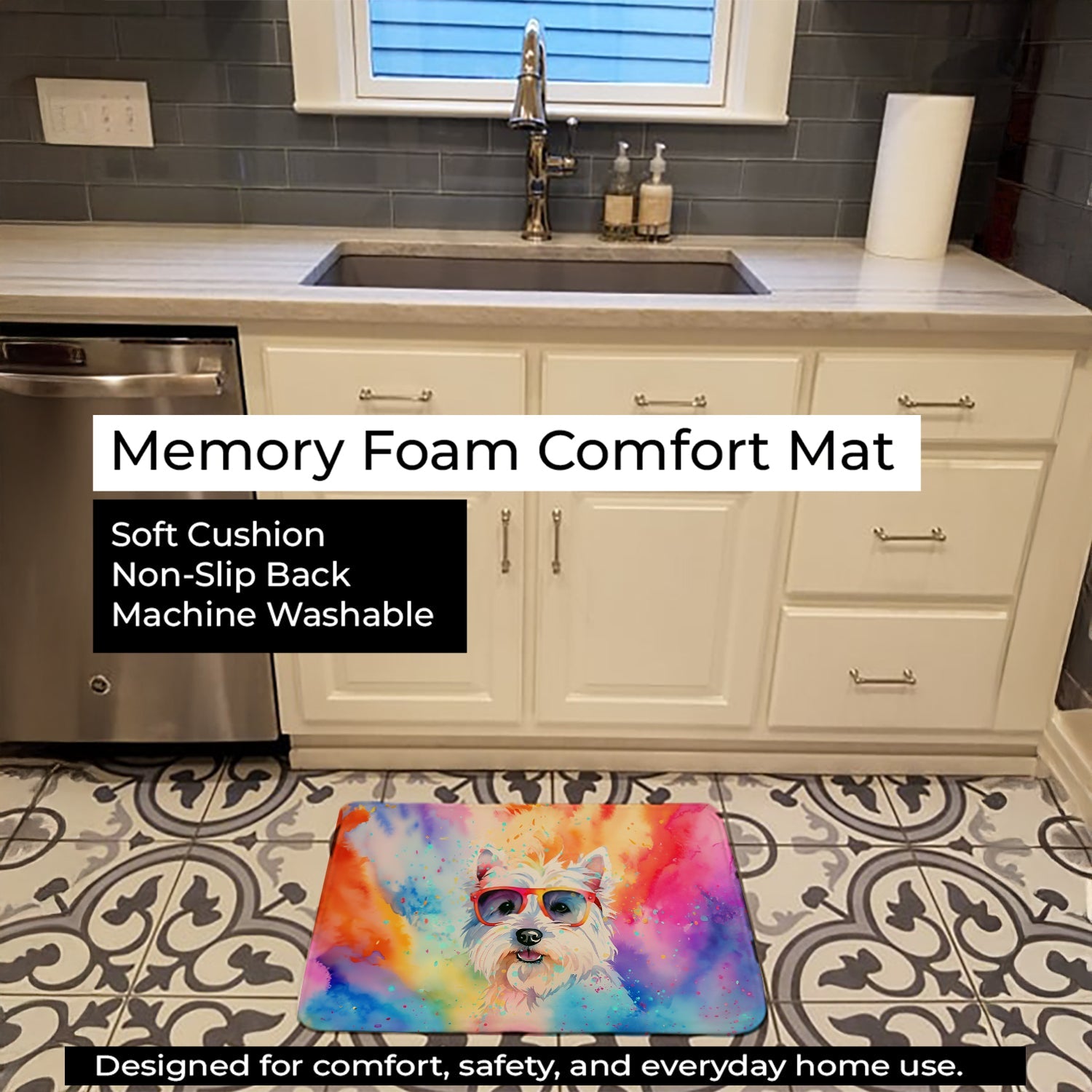 Westie Hippie Dawg Memory Foam Kitchen Mat Machine Washable Anti-Fatigue Cushion Comfort Bath or Kitchen Rug