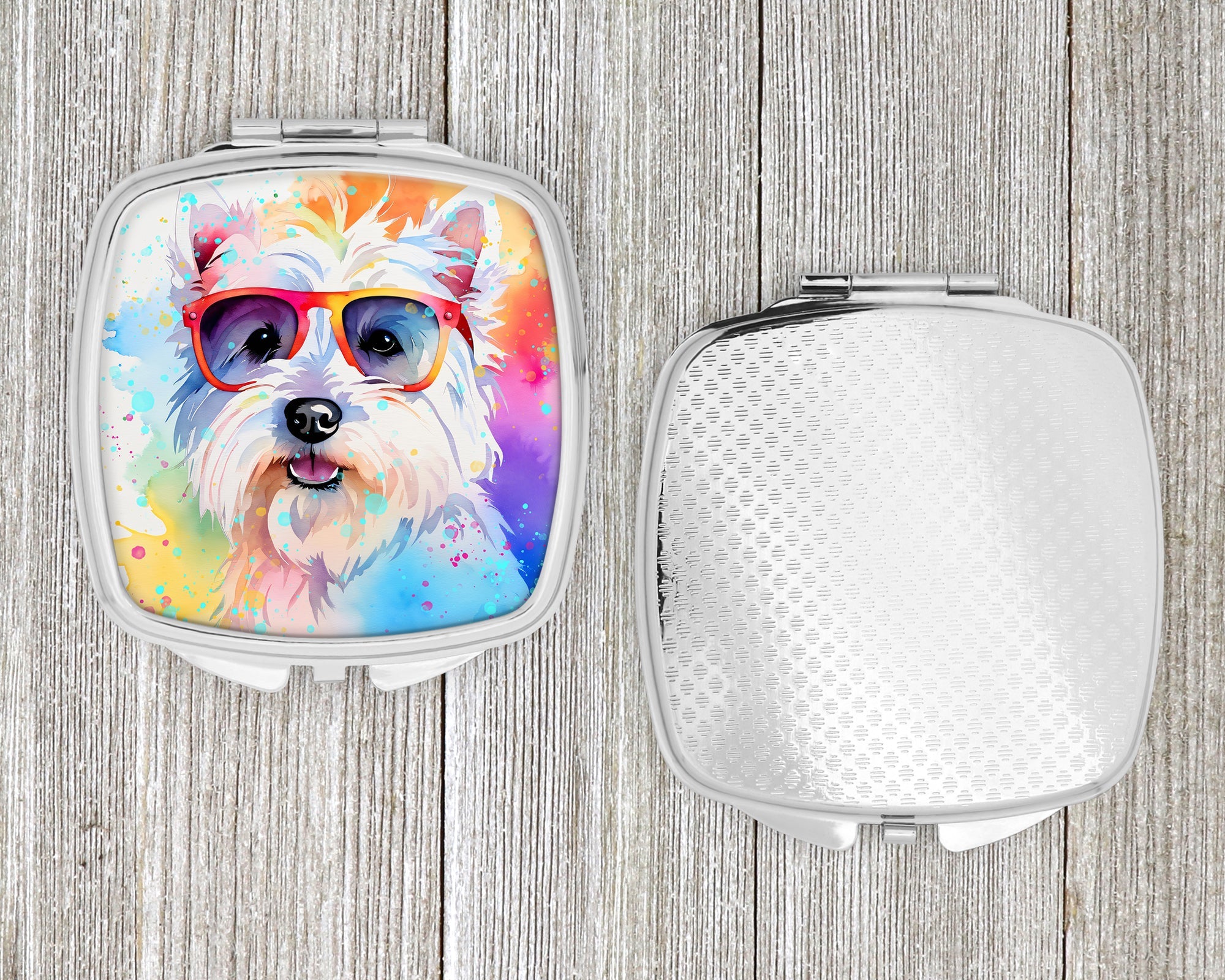 Westie Hippie Dawg Compact Mirror Decorative Travel Makeup Mirror for Women Girls Gifts Pocket Makeup Mirror Folding Handheld