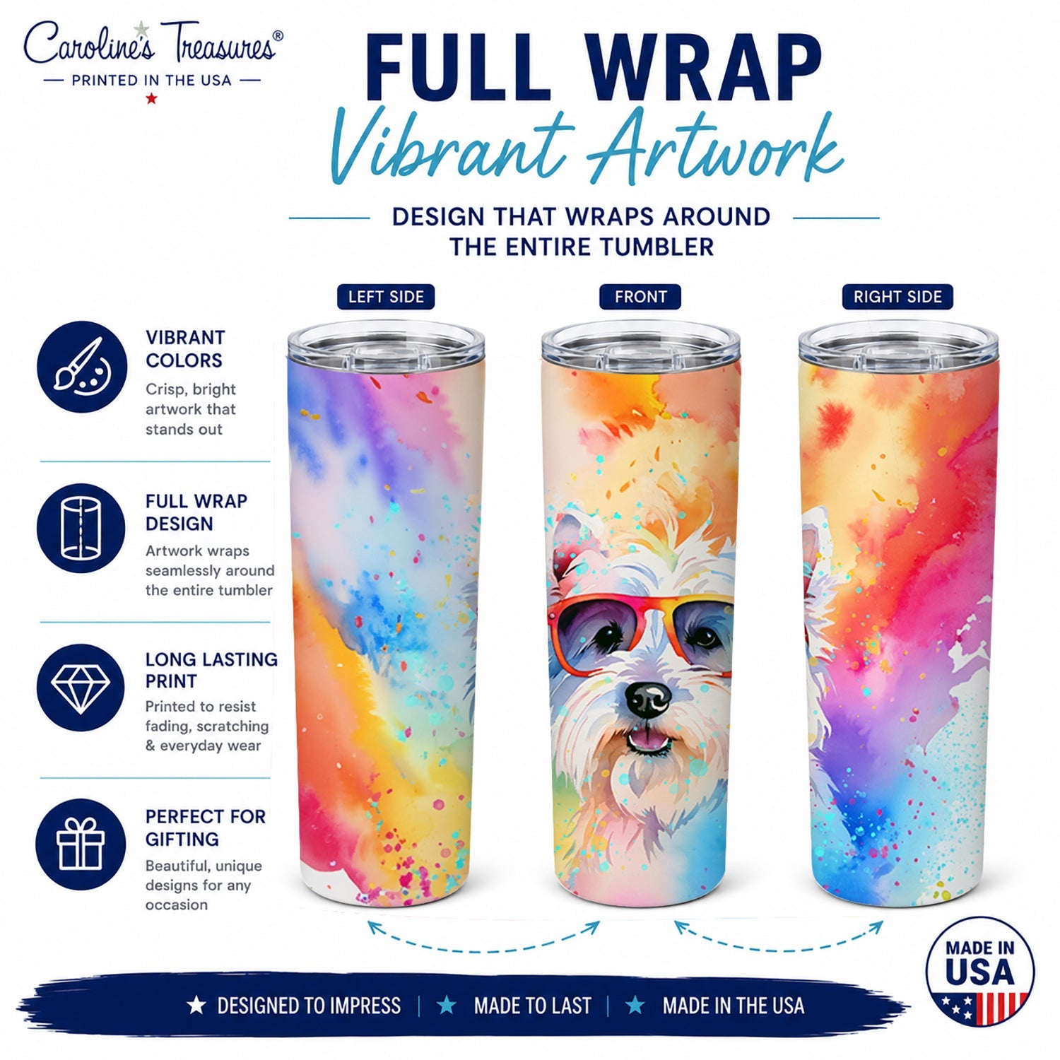 Westie Hippie Dawg Stainless Steel Skinny Tumbler 20 oz Vacuum Double Walled Reusable Insulated Travel Cup