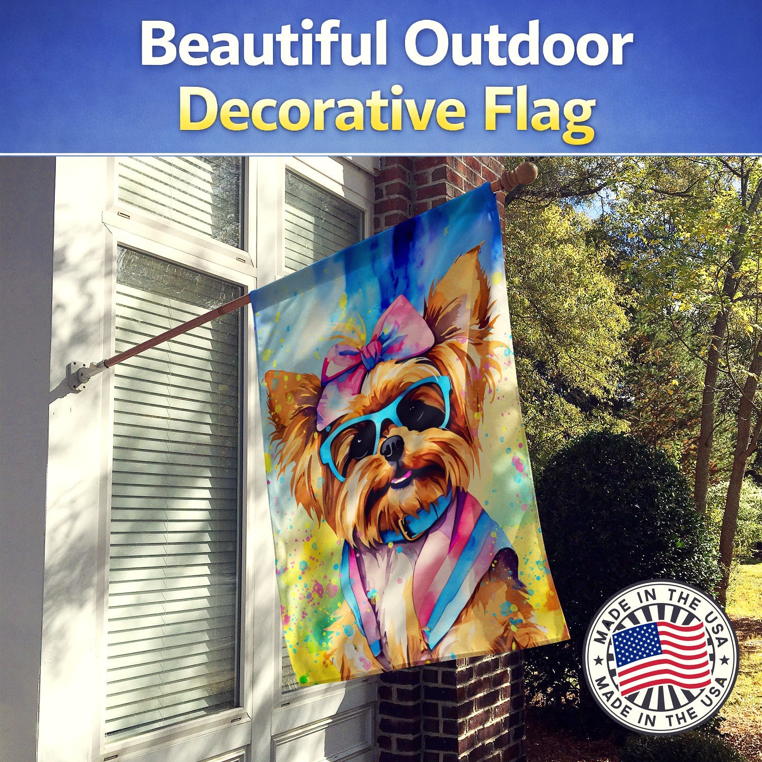 Yorkshire Terrier Hippie Dawg House Flag 28x40 Porch Sleeve Pole Decorative Outside Yard Banner Artwork Wall Hanging, Polyester