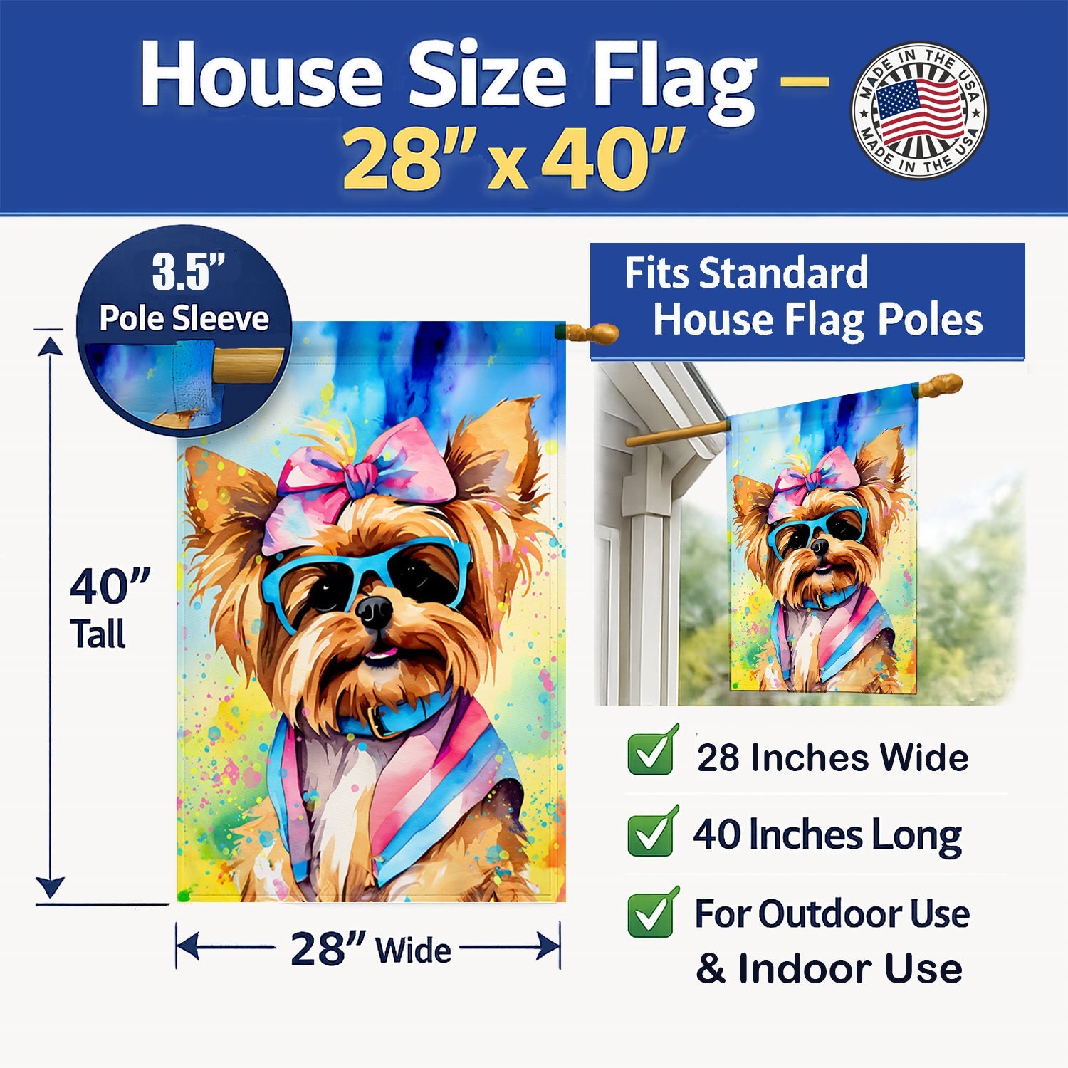 Yorkshire Terrier Hippie Dawg House Flag 28x40 Porch Sleeve Pole Decorative Outside Yard Banner Artwork Wall Hanging, Polyester