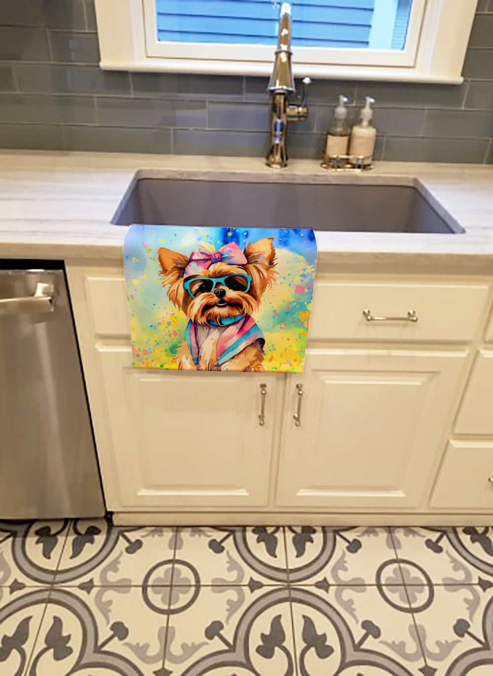 Yorkshire Terrier Hippie Dawg Kitchen Towel Velour Plush Front and Cotton Loop Back Machine Washable