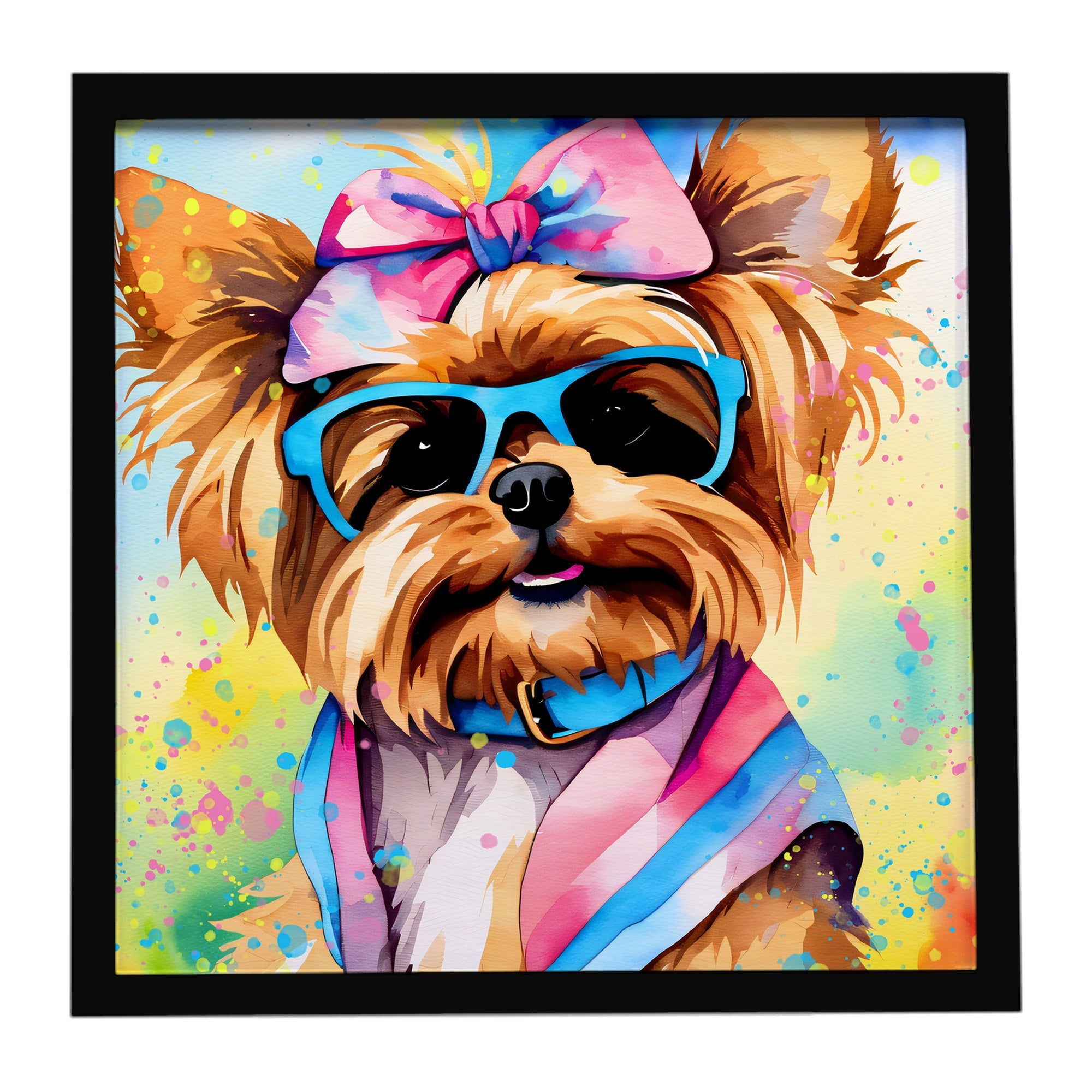 Yorkshire Terrier Hippie Dawg Framed Metal Print Bathroom, Kitchen, Office, Home Decor Wall Art Ready to Hang, Square, 8X8