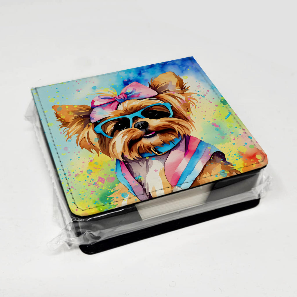 Yorkshire Terrier Hippie Dawg PU Leather Note Paper Holder with Artist-Designed Cover, Desk Accessory, Office Gift